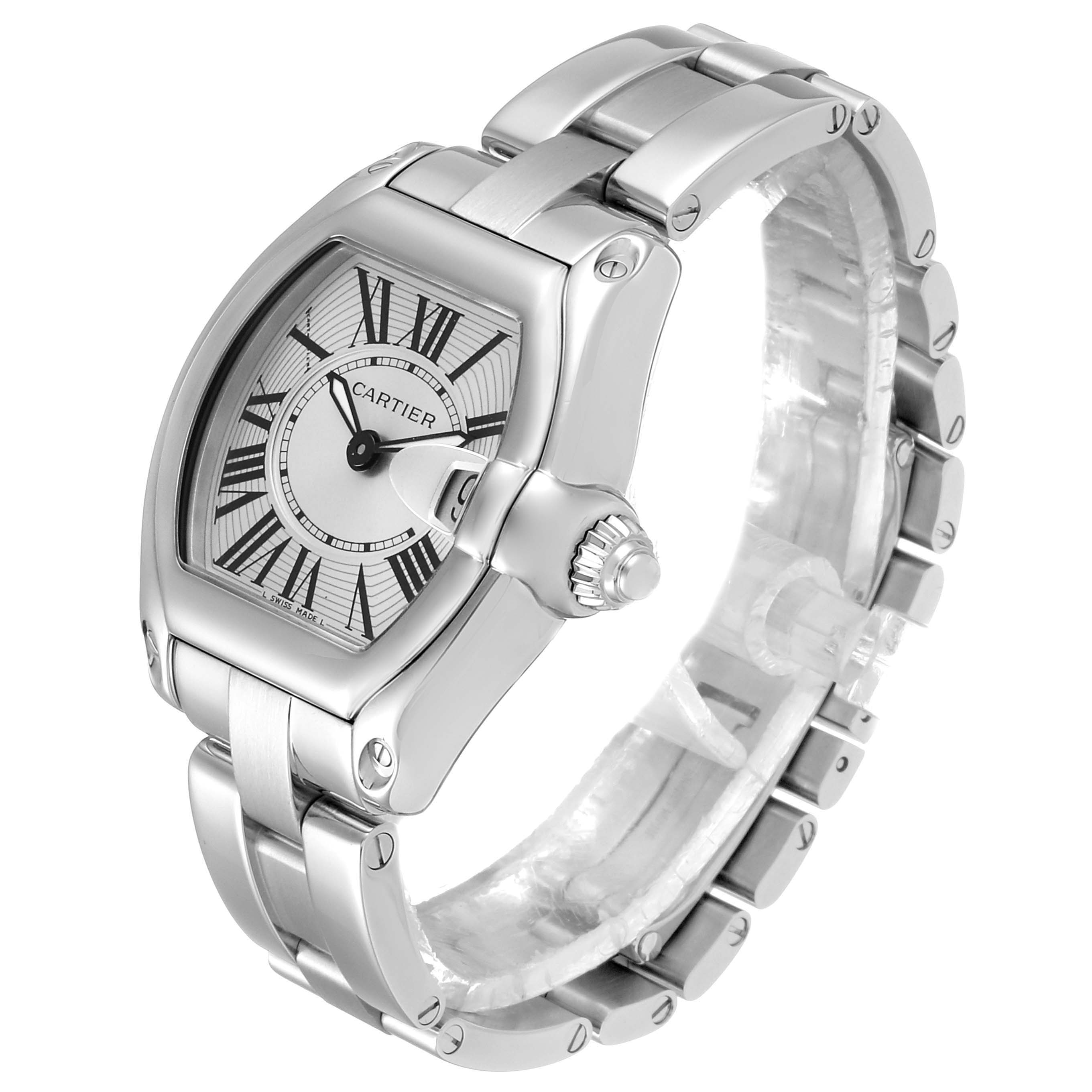 The Cartier Roadster W62016V3 Women's Stainless Steel Silver Dial W62016V3 Women's Stainless Steel Silver Dial watch is shown at an angled side view, displaying the face, crown, and metal bracelet.