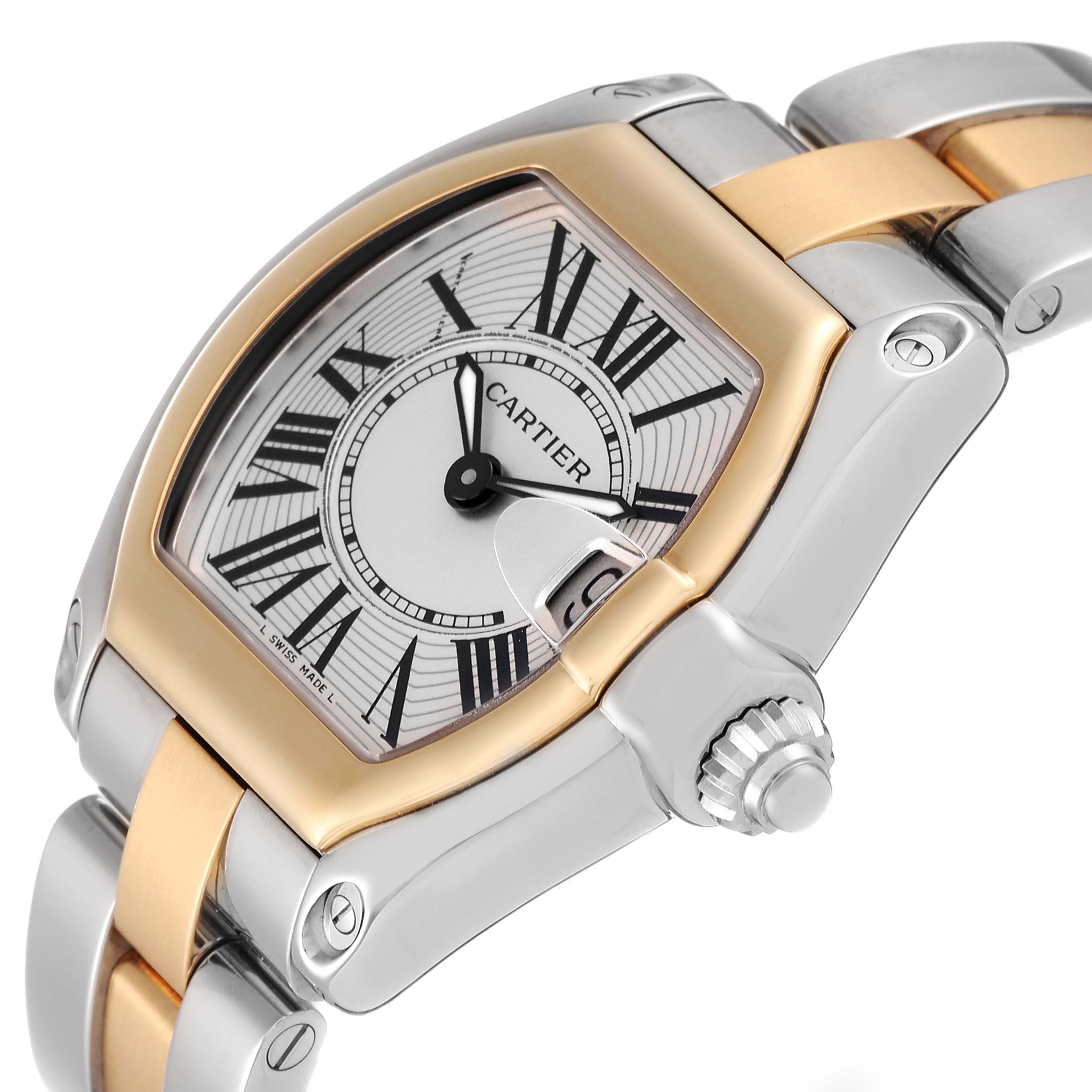 This image shows a close-up angle of the Cartier Roadster W62026Y4 Women
s Steel and Gold (two tone) Silver Dial W62026Y4 Women
s Steel and Gold (two tone) Silver Dial watch, highlighting the dial, bezel, crown, and part of the bracelet.
