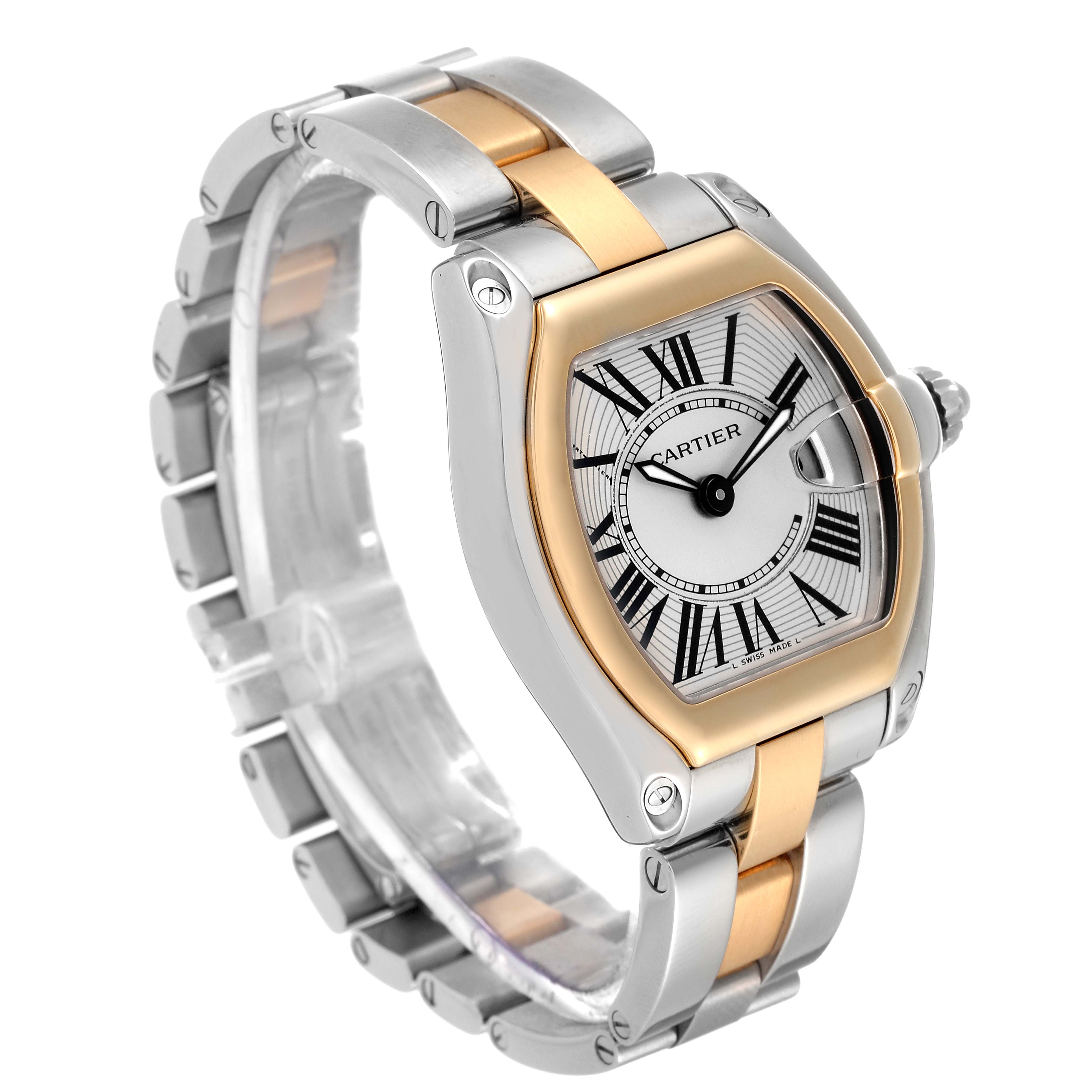 The image shows a three-quarter view of the Cartier Roadster W62026Y4 Women
s Steel and Gold (two tone) Silver Dial W62026Y4 Women
s Steel and Gold (two tone) Silver Dial watch, highlighting its dial, bezel, and two-tone bracelet.
