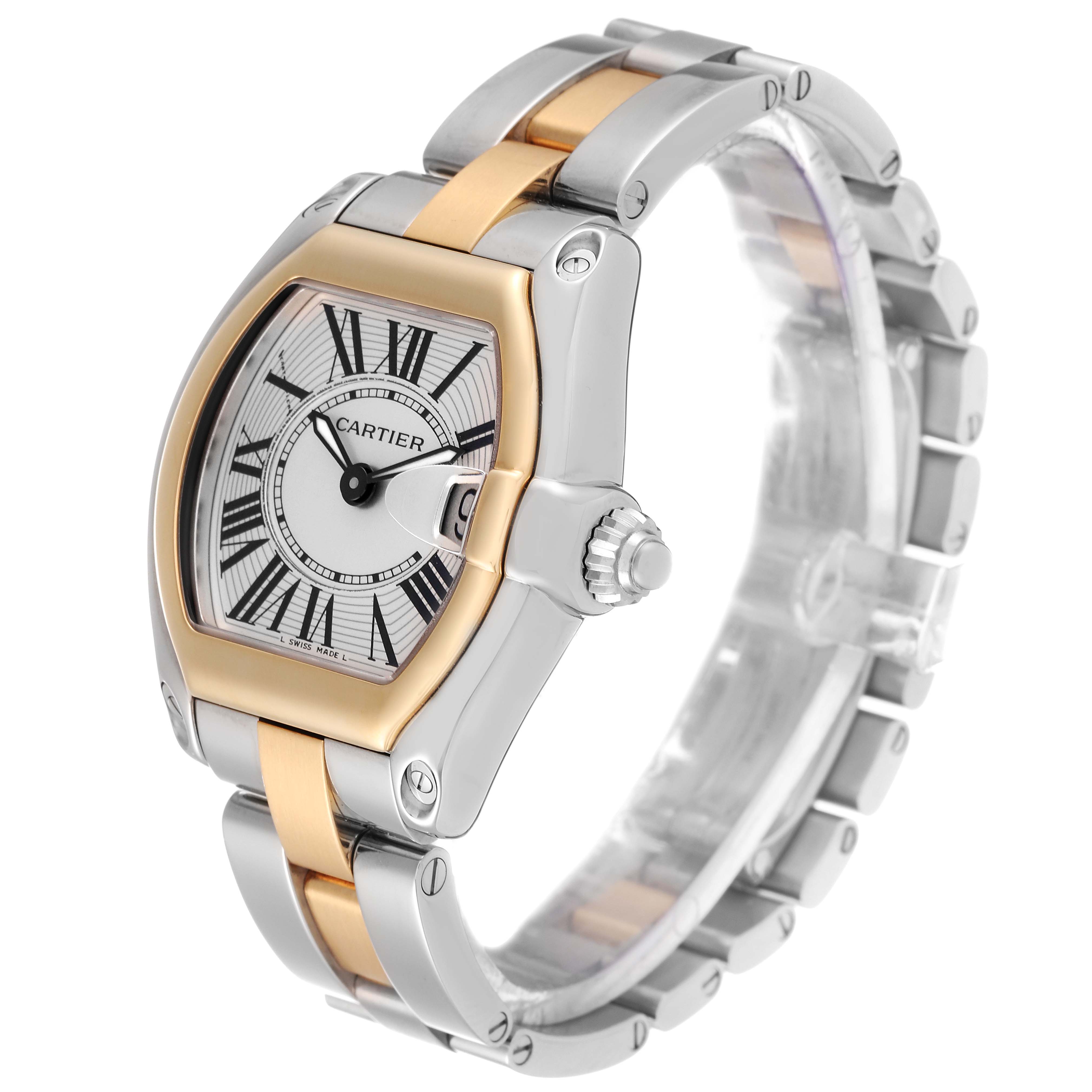 The Cartier Roadster W62026Y4 Women
s Steel and Gold (two tone) Silver Dial W62026Y4 Women
s Steel and Gold (two tone) Silver Dial watch is shown at a three-quarter angle, displaying its face, crown, and two-tone metal bracelet.