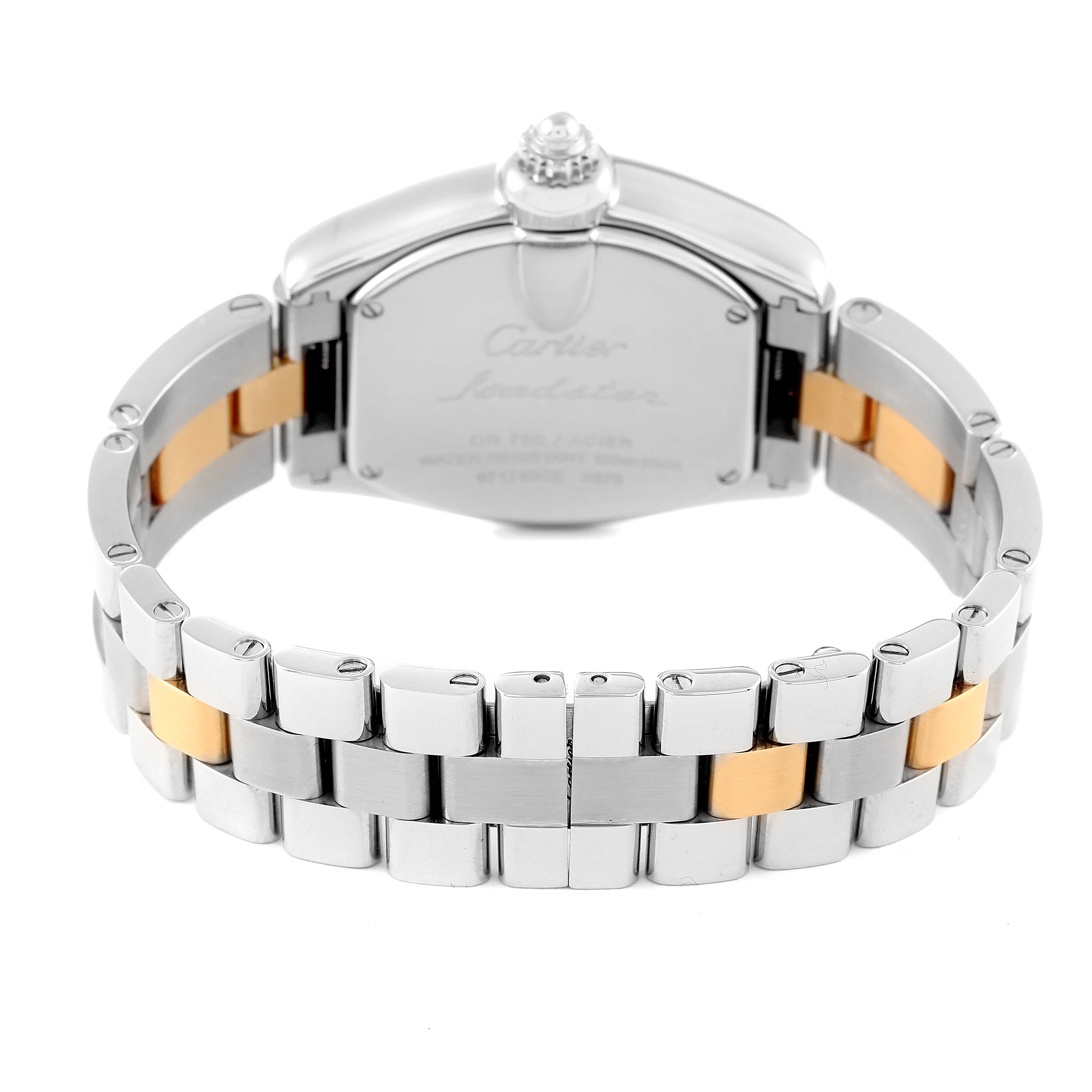 This image shows the back case and metal bracelet of the Cartier Roadster W62026Y4 Women
s Steel and Gold (two tone) Silver Dial W62026Y4 Women
s Steel and Gold (two tone) Silver Dial watch.