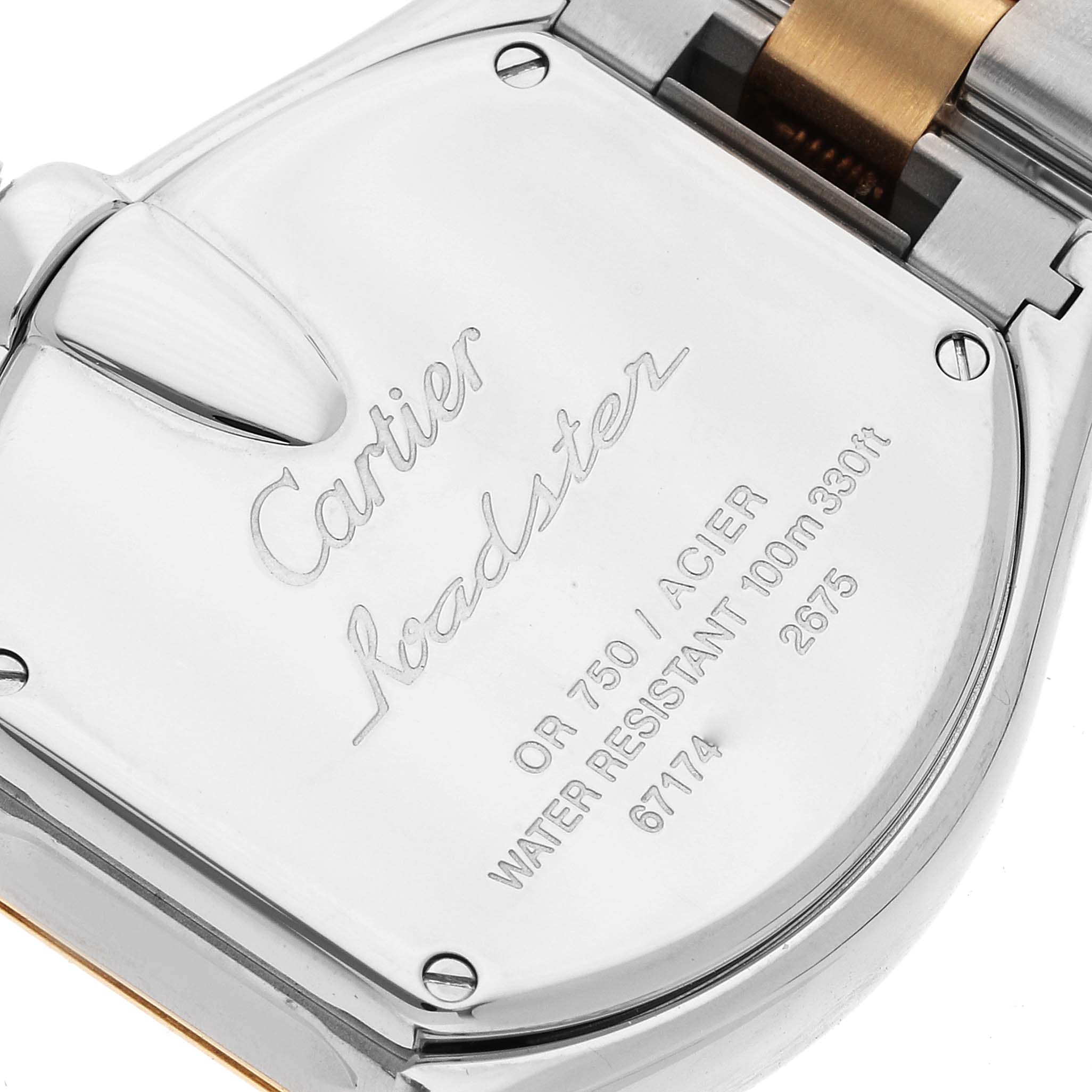This image shows the back case of a Cartier Roadster W62026Y4 Women
s Steel and Gold (two tone) Silver Dial W62026Y4 Women
s Steel and Gold (two tone) Silver Dial watch, displaying the model details and water resistance level.