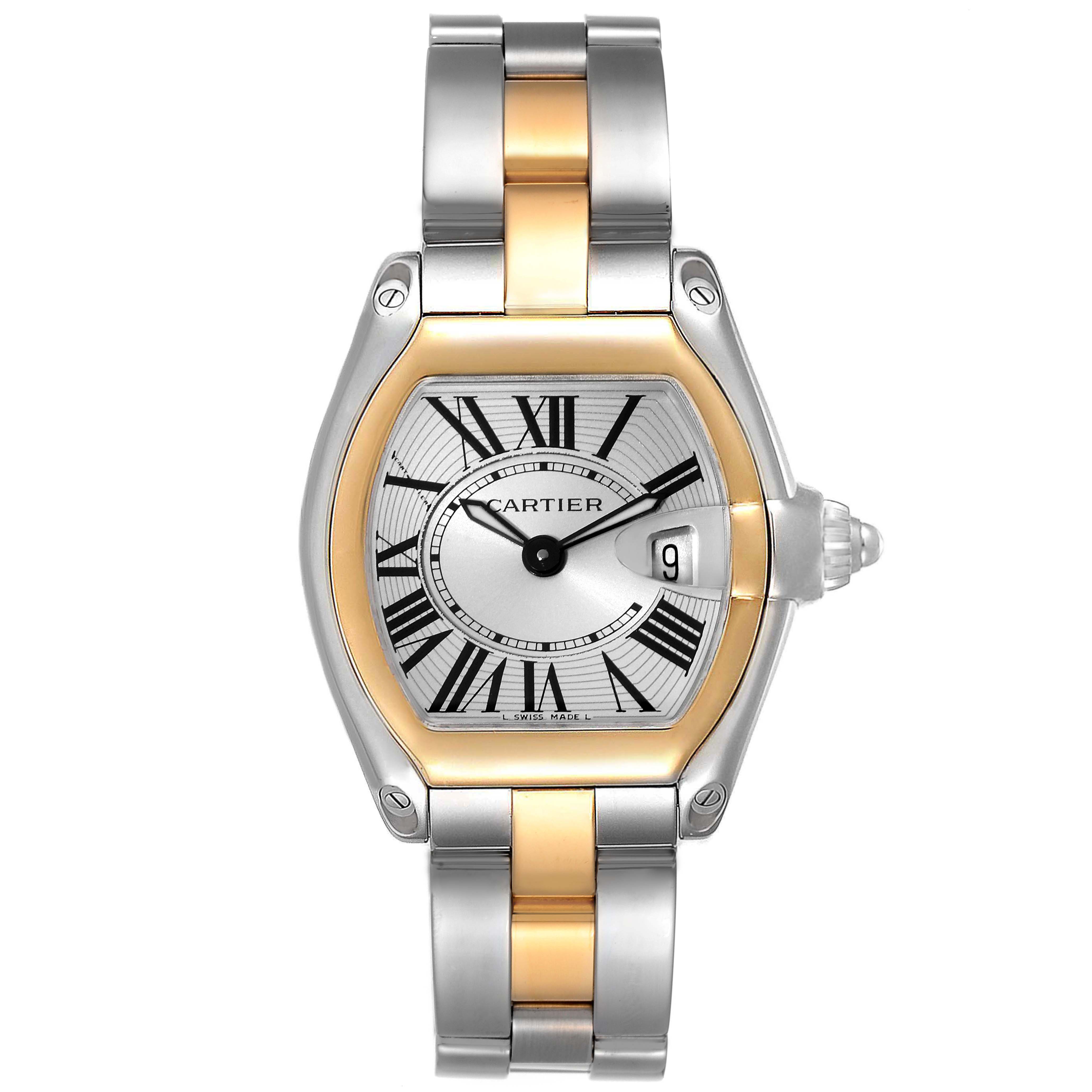 This is a front view of the Cartier Roadster W62026Y4 Women
s Steel and Gold (two tone) Silver Dial W62026Y4 Women
s Steel and Gold (two tone) Silver Dial watch, showing the face, bezel, crown, and bracelet.
