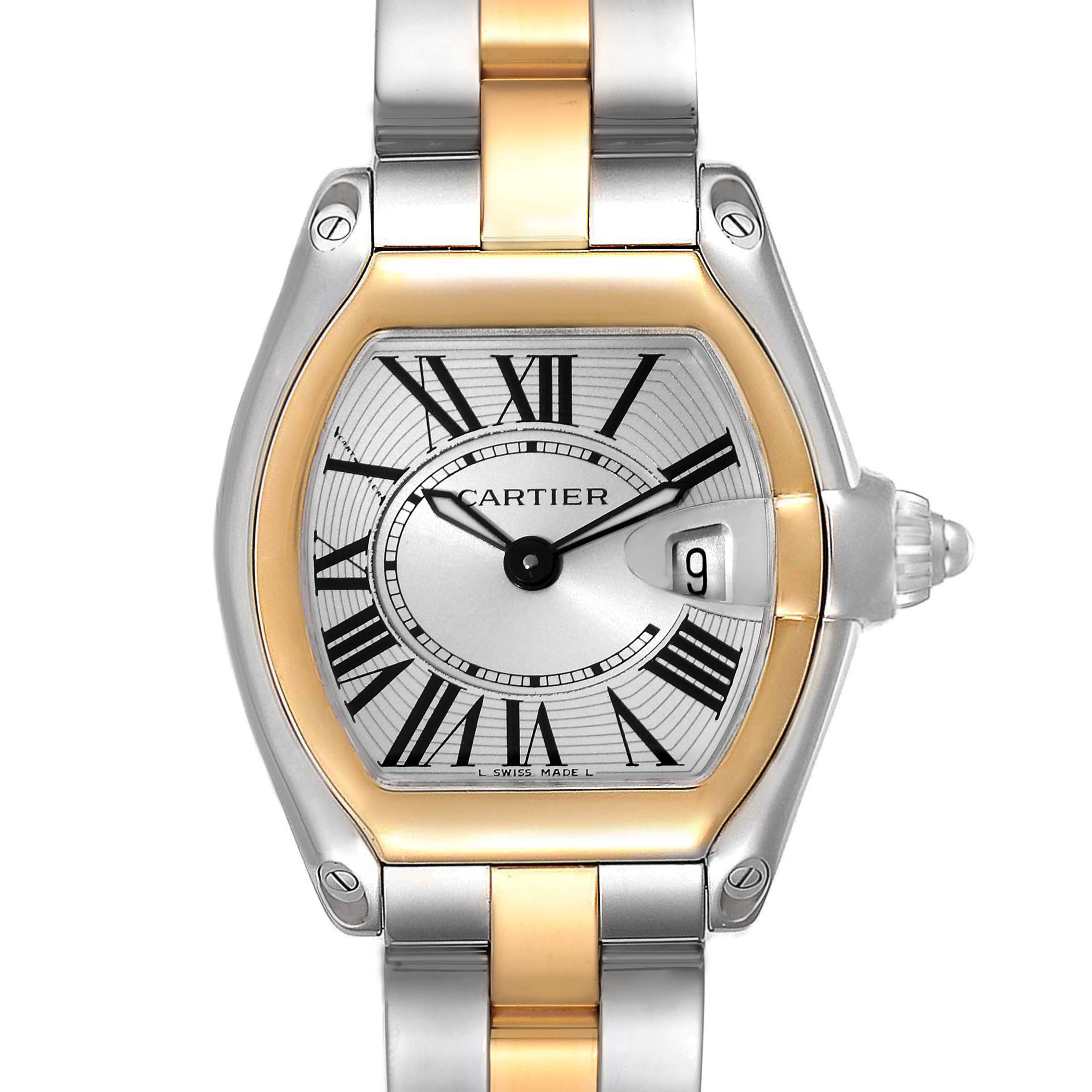 The image shows a front view of the Cartier Roadster W62026Y4 Women
s Steel and Gold (two tone) Silver Dial W62026Y4 Women
s Steel and Gold (two tone) Silver Dial watch, highlighting its gold and silver bracelet and Roman numeral dial.