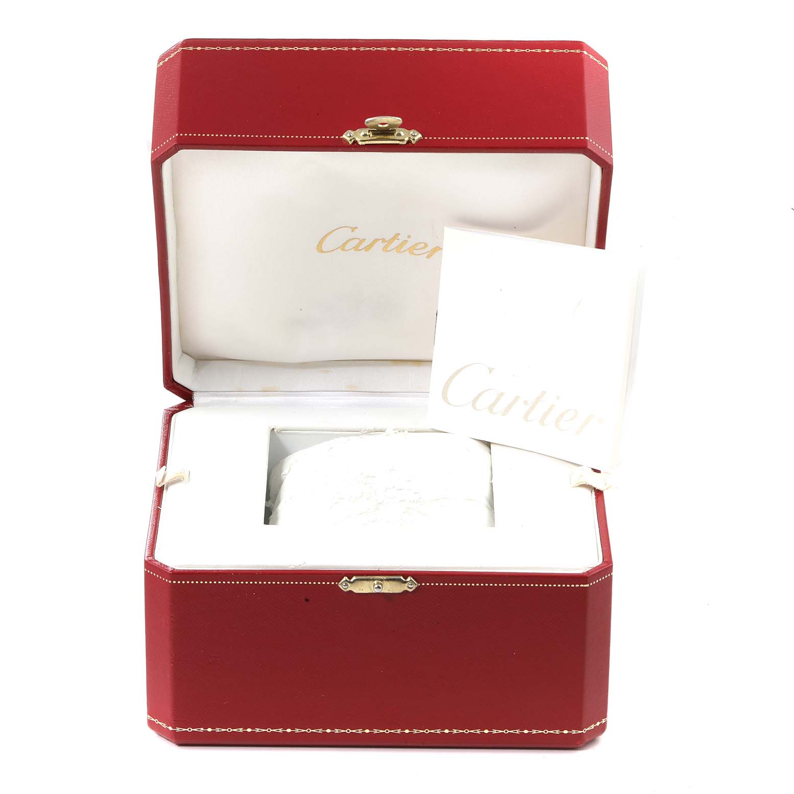 The image shows an open red box containing a Cartier Roadster W62020X6 Men's Stainless Steel Black Dial W62020X6 Men's Stainless Steel Black Dial watch, with the lid displaying "Cartier" and a booklet inside.