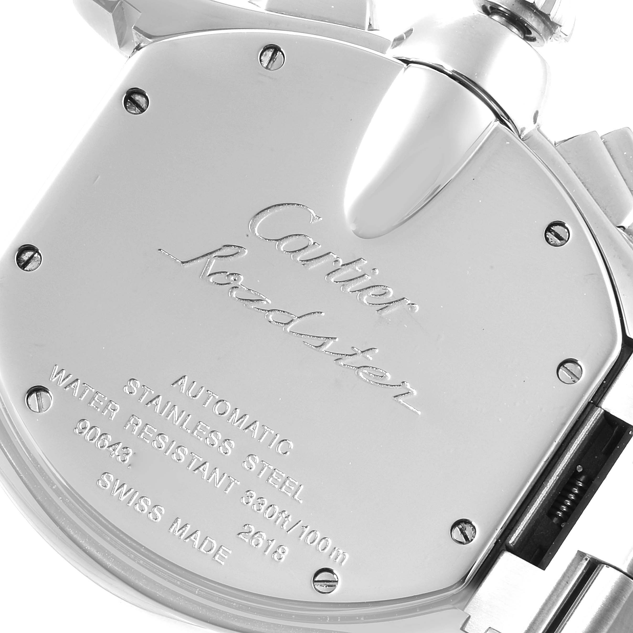 This image shows the back case of the Cartier Roadster W62020X6 Men's Stainless Steel Black Dial W62020X6 Men's Stainless Steel Black Dial watch, highlighting the brand, model, and specifications.