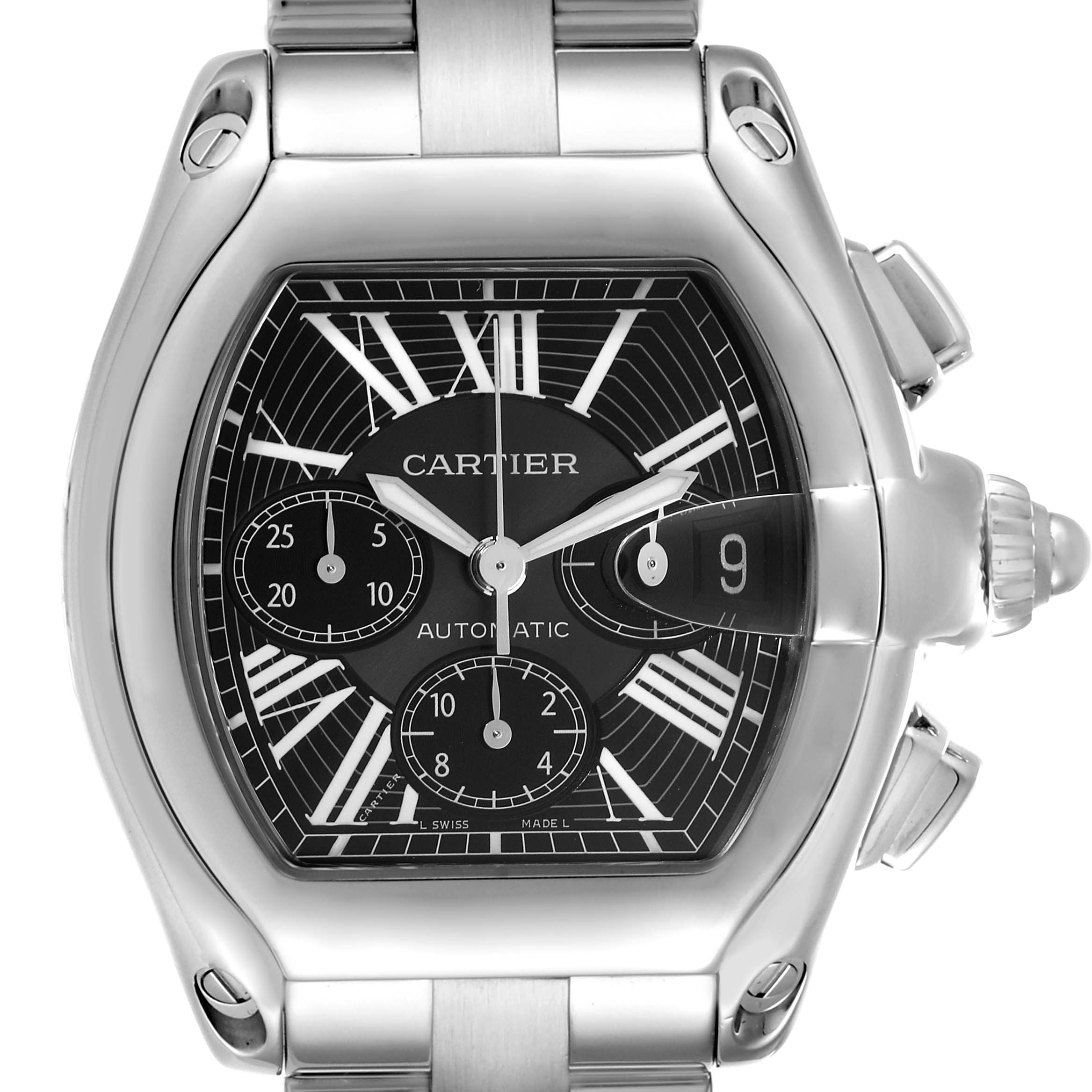 The Cartier Roadster W62020X6 Men's Stainless Steel Black Dial W62020X6 Men's Stainless Steel Black Dial watch is shown at a front-facing angle, highlighting its dial, bezel, and part of the bracelet.