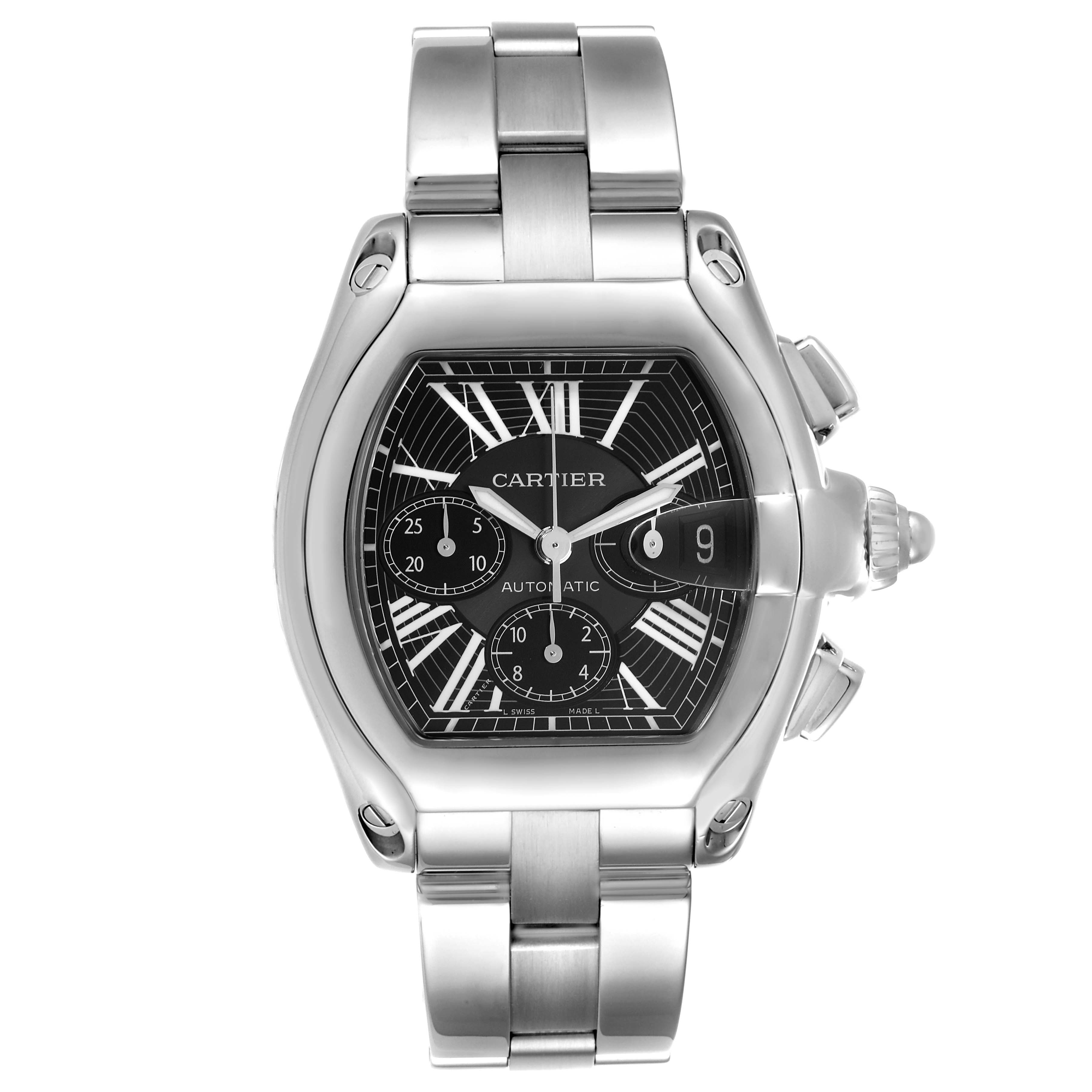 The image shows a Cartier Roadster W62020X6 Men's Stainless Steel Black Dial W62020X6 Men's Stainless Steel Black Dial model watch from a front angle, displaying the face and stainless steel bracelet.