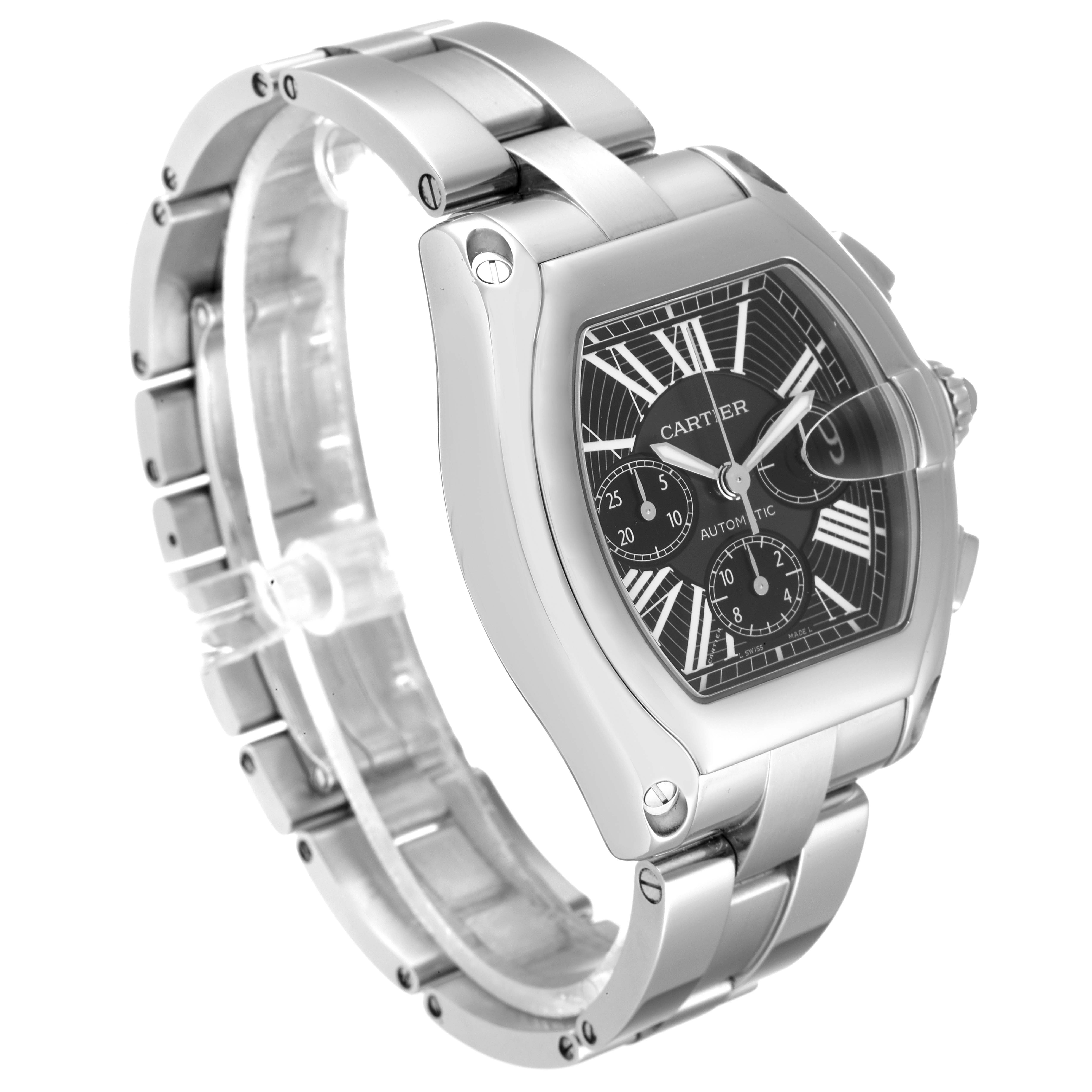 The Cartier Roadster W62020X6 Men's Stainless Steel Black Dial W62020X6 Men's Stainless Steel Black Dial watch is shown at a three-quarter angle, displaying its face, bracelet, and side profile.