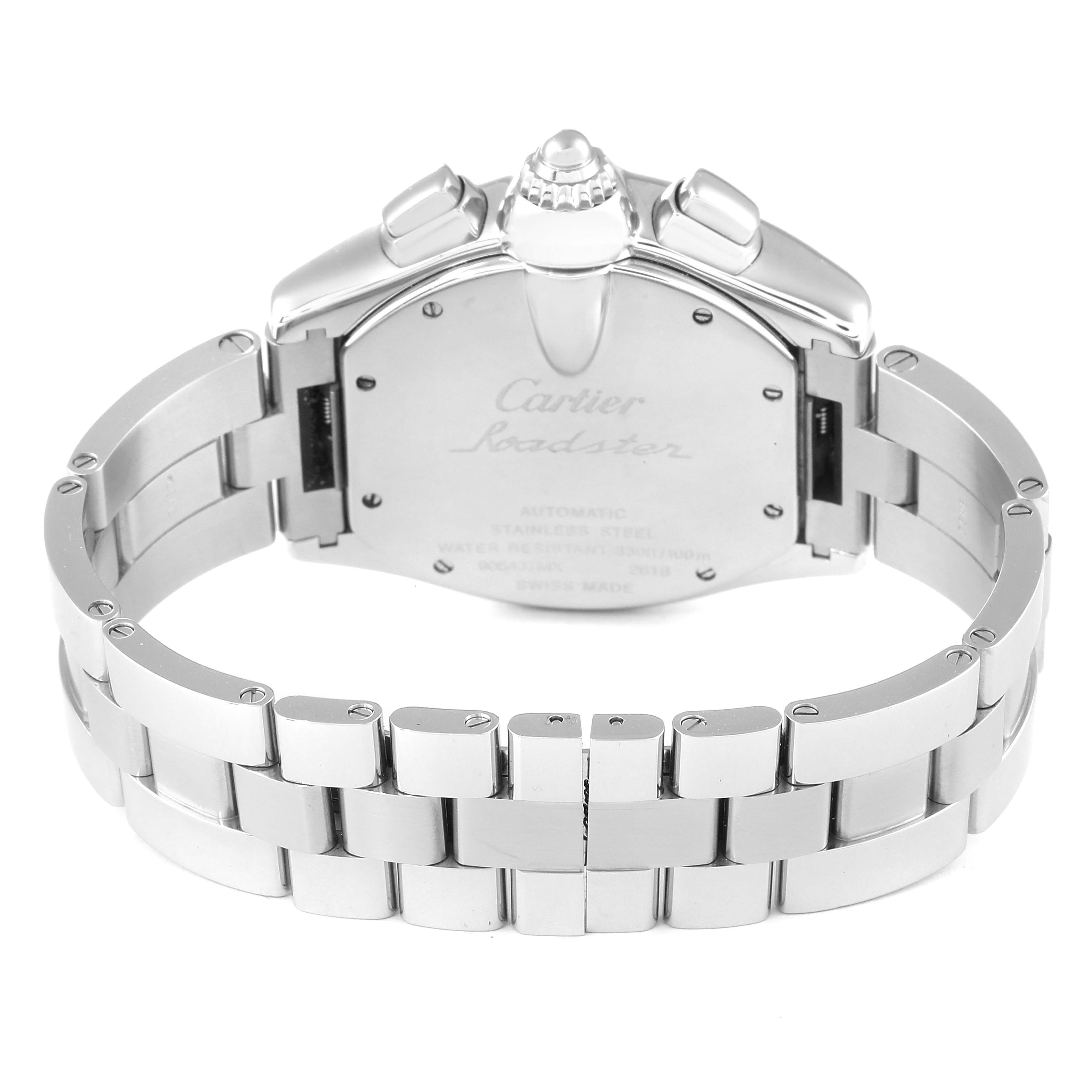 This Cartier Roadster W62020X6 Men's Stainless Steel Black Dial W62020X6 Men's Stainless Steel Black Dial watch is shown from the back, highlighting the bracelet and case back details.