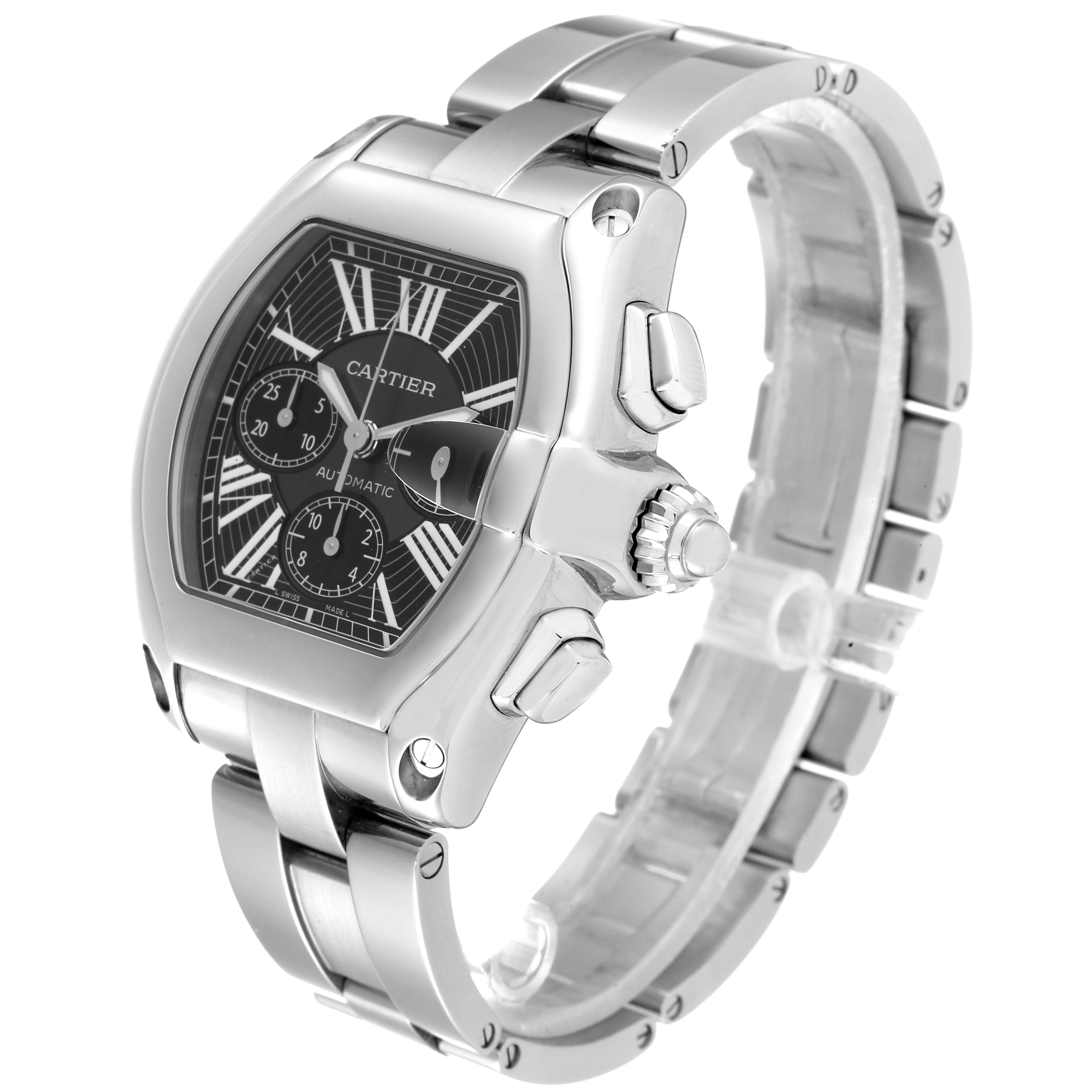 The image shows a Cartier Roadster W62020X6 Men's Stainless Steel Black Dial W62020X6 Men's Stainless Steel Black Dial watch at a side angle, highlighting the face, crown, and metal bracelet.