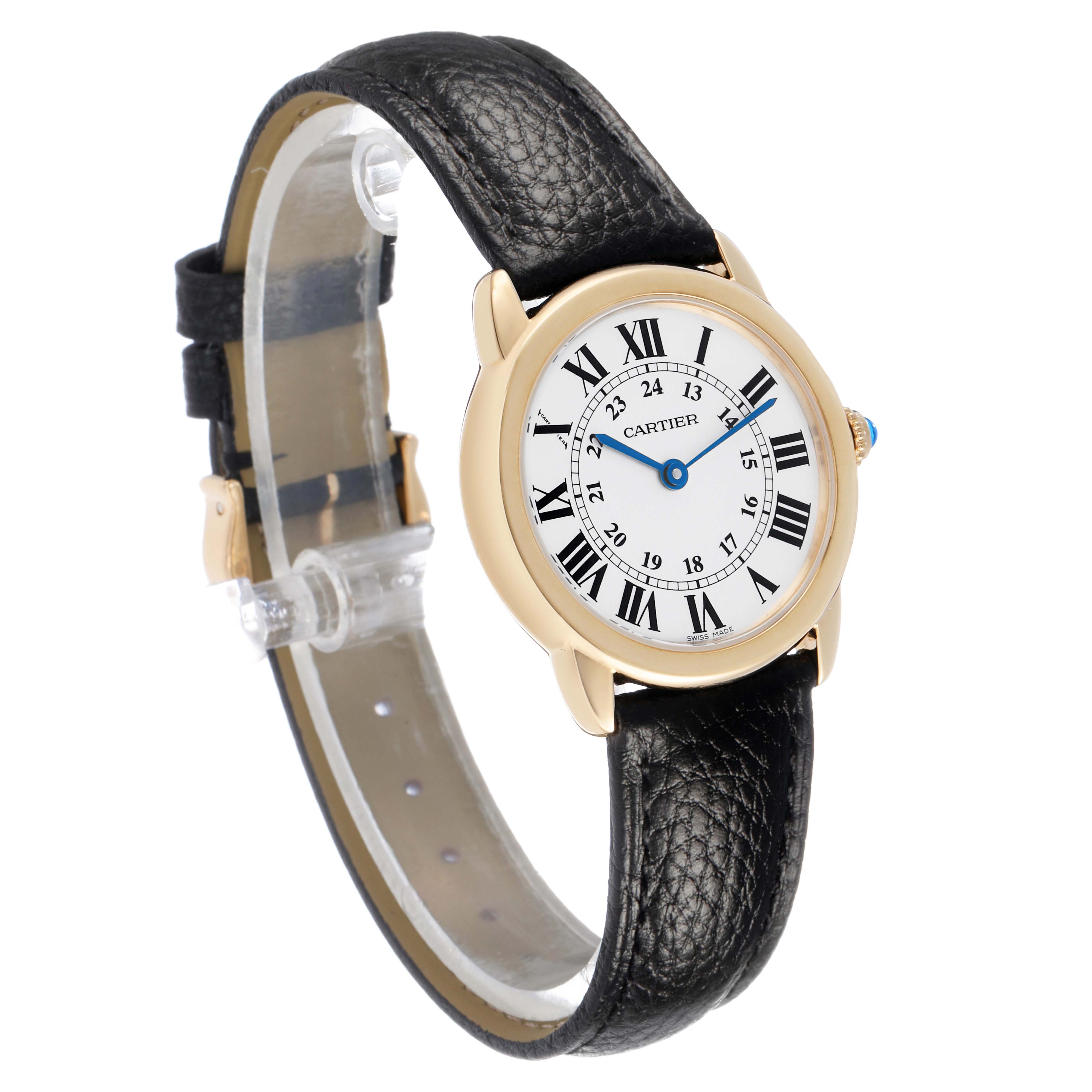 The Cartier Ronde W6700355 Women's Steel and Gold (two tone) Silver Dial watch is shown at a three-quarter angle, highlighting its round face, gold case, and black leather strap.