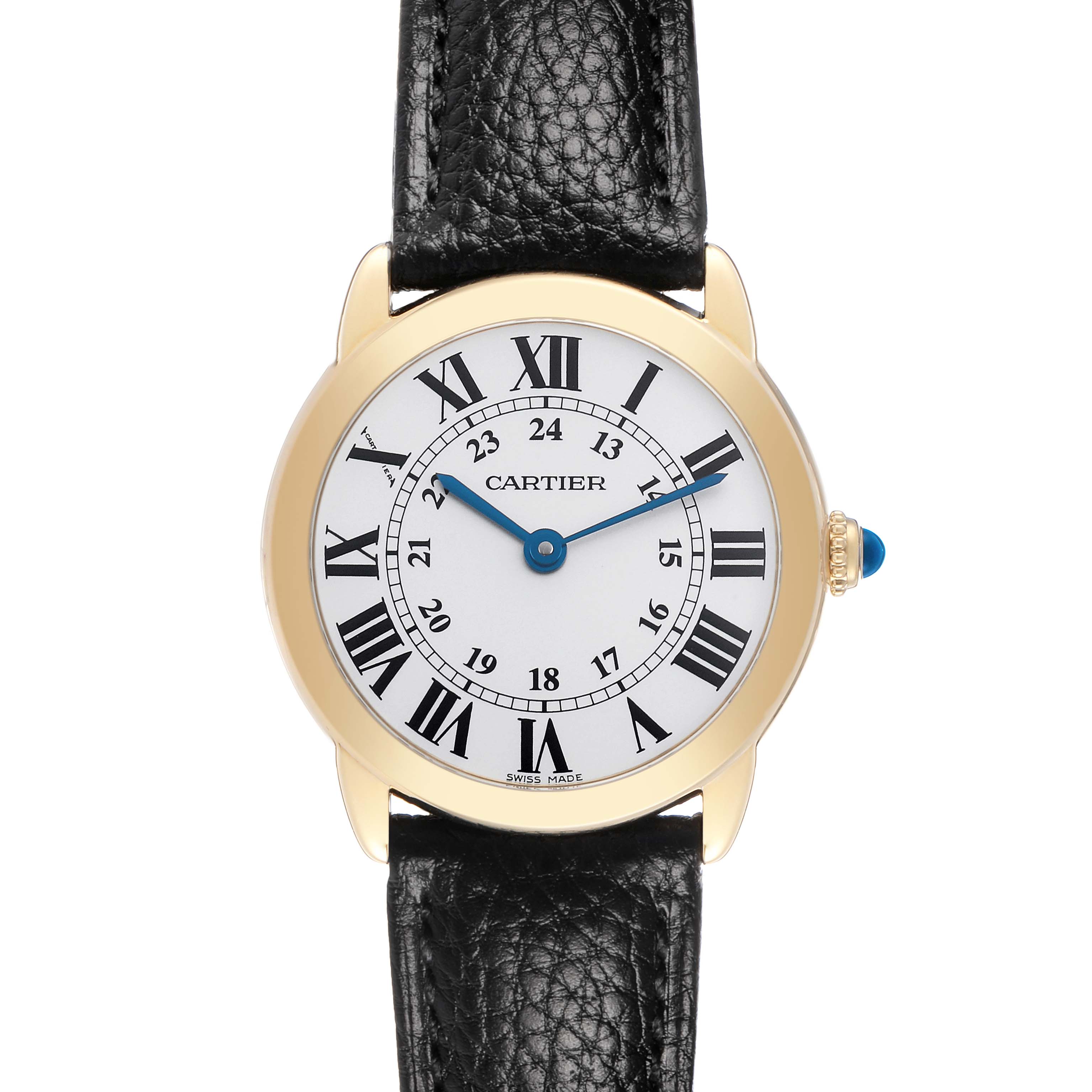 The Cartier Ronde W6700355 Women's Steel and Gold (two tone) Silver Dial watch is shown from the front, displaying the dial with Roman numerals and a black leather strap.