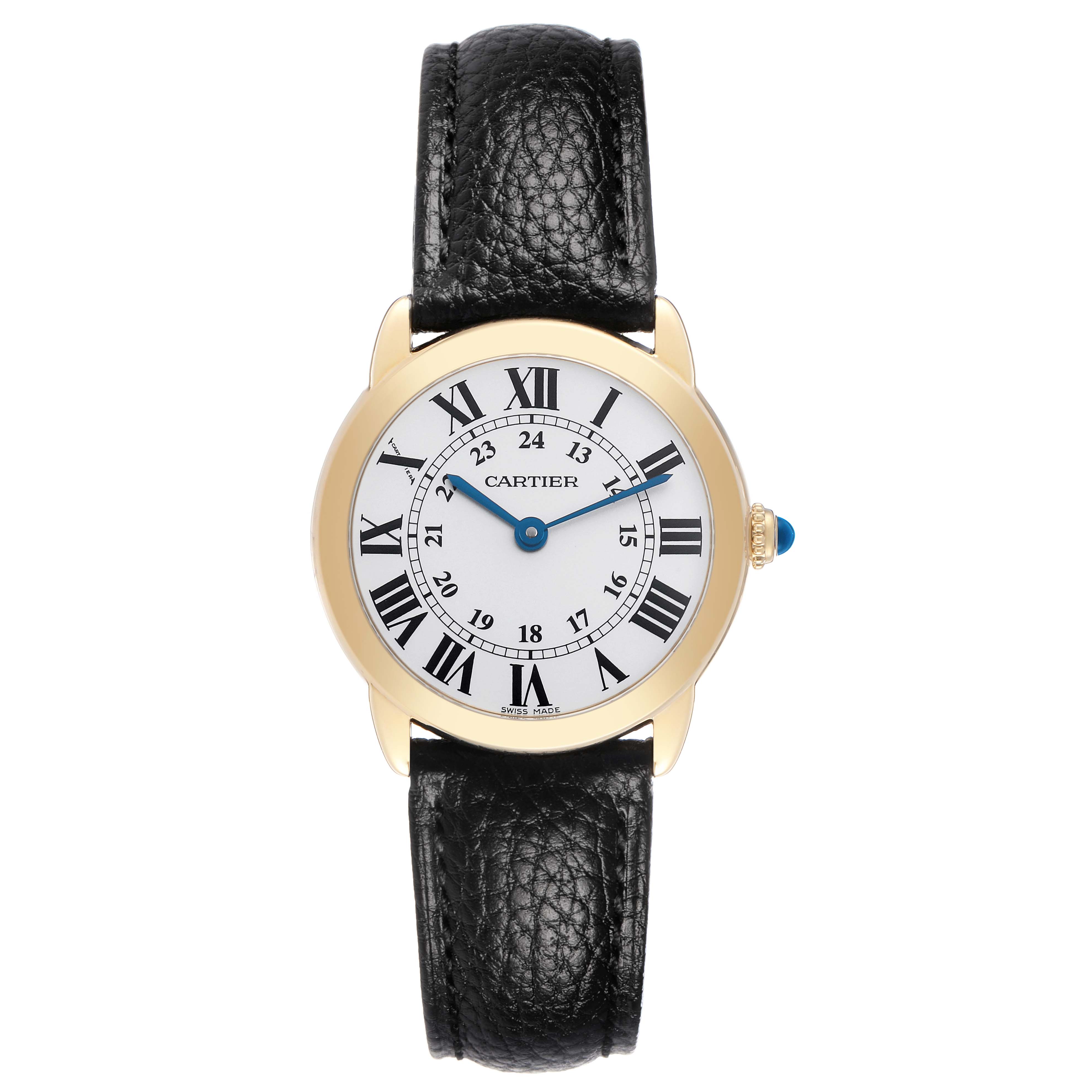 The Cartier Ronde W6700355 Women's Steel and Gold (two tone) Silver Dial watch is shown from a top view, featuring a gold case, Roman numeral dial, and black leather strap.