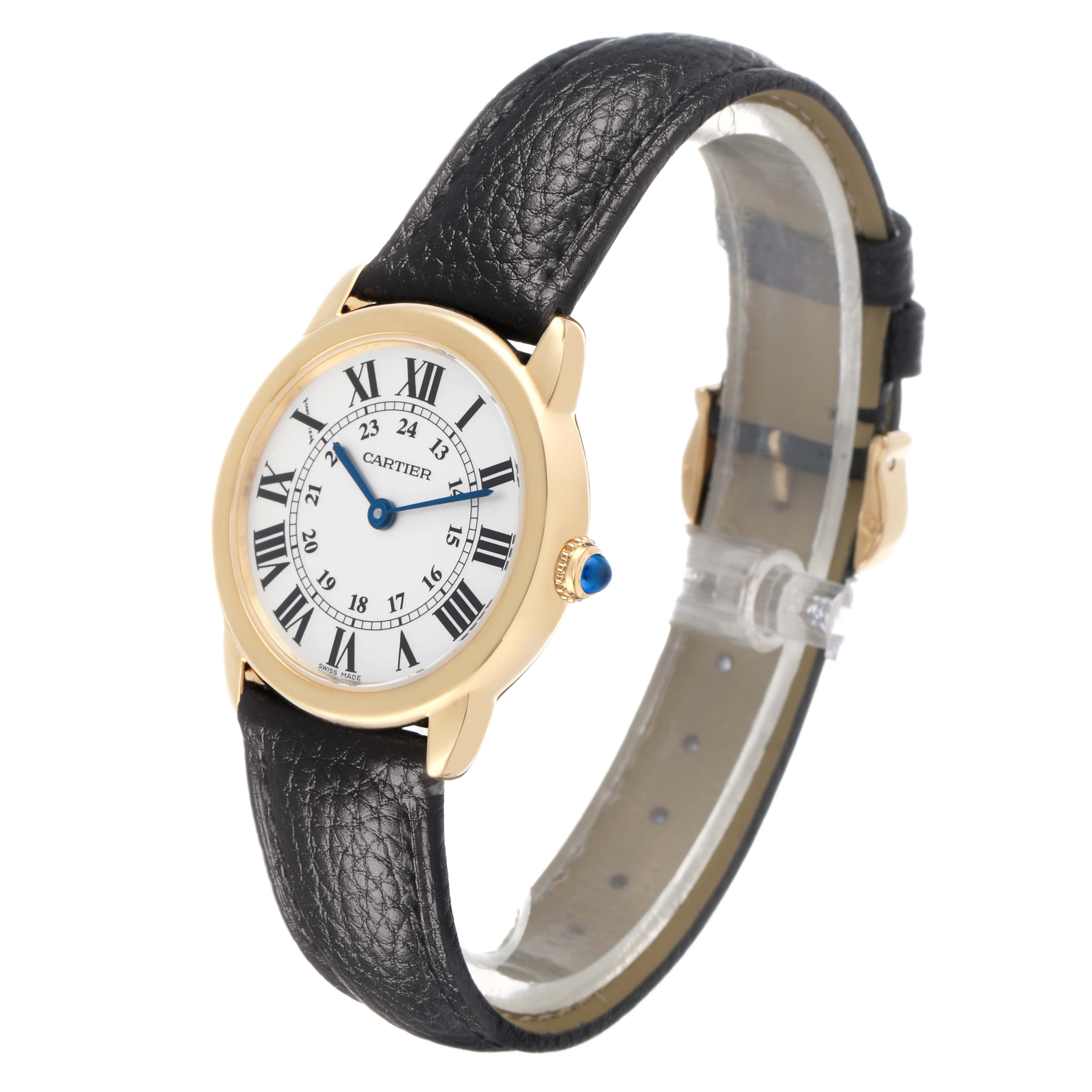 The Cartier Ronde W6700355 Women's Steel and Gold (two tone) Silver Dial watch is shown at a three-quarter angle displaying the face, bezel, crown, and black leather strap.