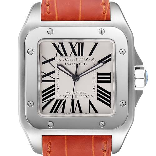 Photo of NOT FOR SALE Cartier Santos 100 Silver Dial Orange Strap Steel Mens Watch W20073X8 PARTIAL PAYMENT