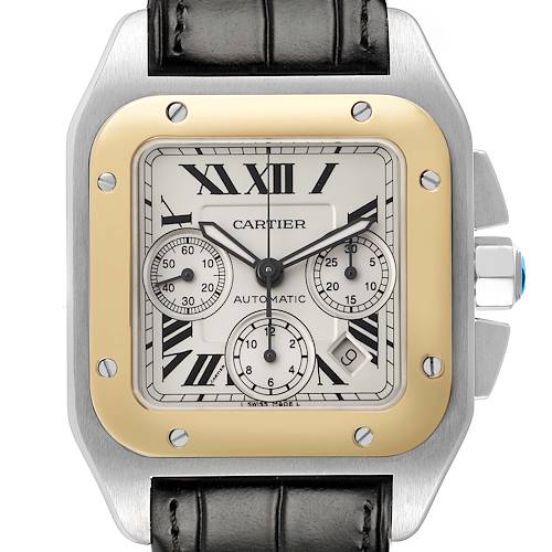 The Cartier Santos W20091X7 Men's Stainless Steel Silver Dial watch is shown from a front view, highlighting its square face, Roman numeral dial, chronographs, and black leather strap.