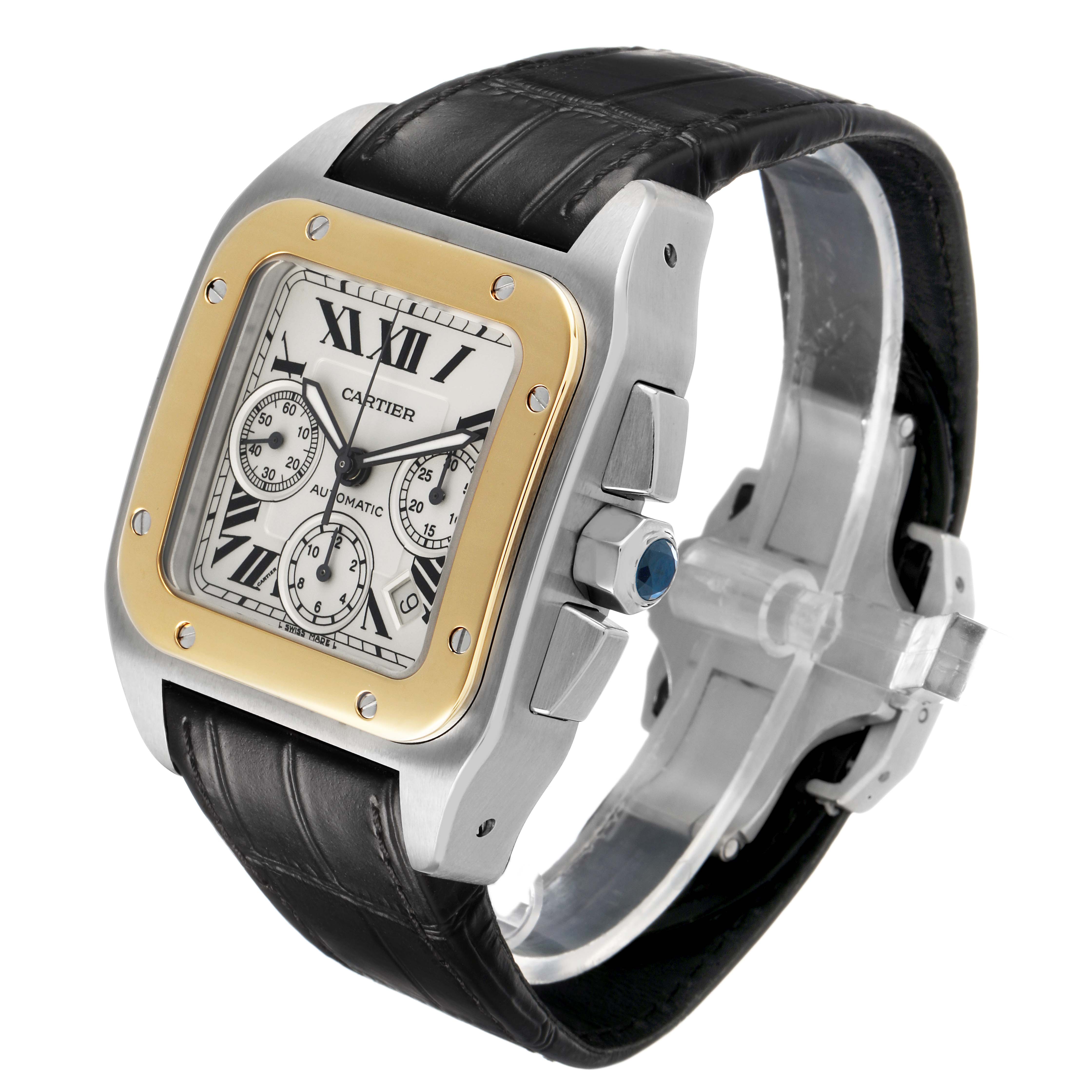The Cartier Santos W20091X7 Men's Stainless Steel Silver Dial watch is shown at an angled view highlighting the dial, bezel, crown, leather strap, and chronograph sub-dials.