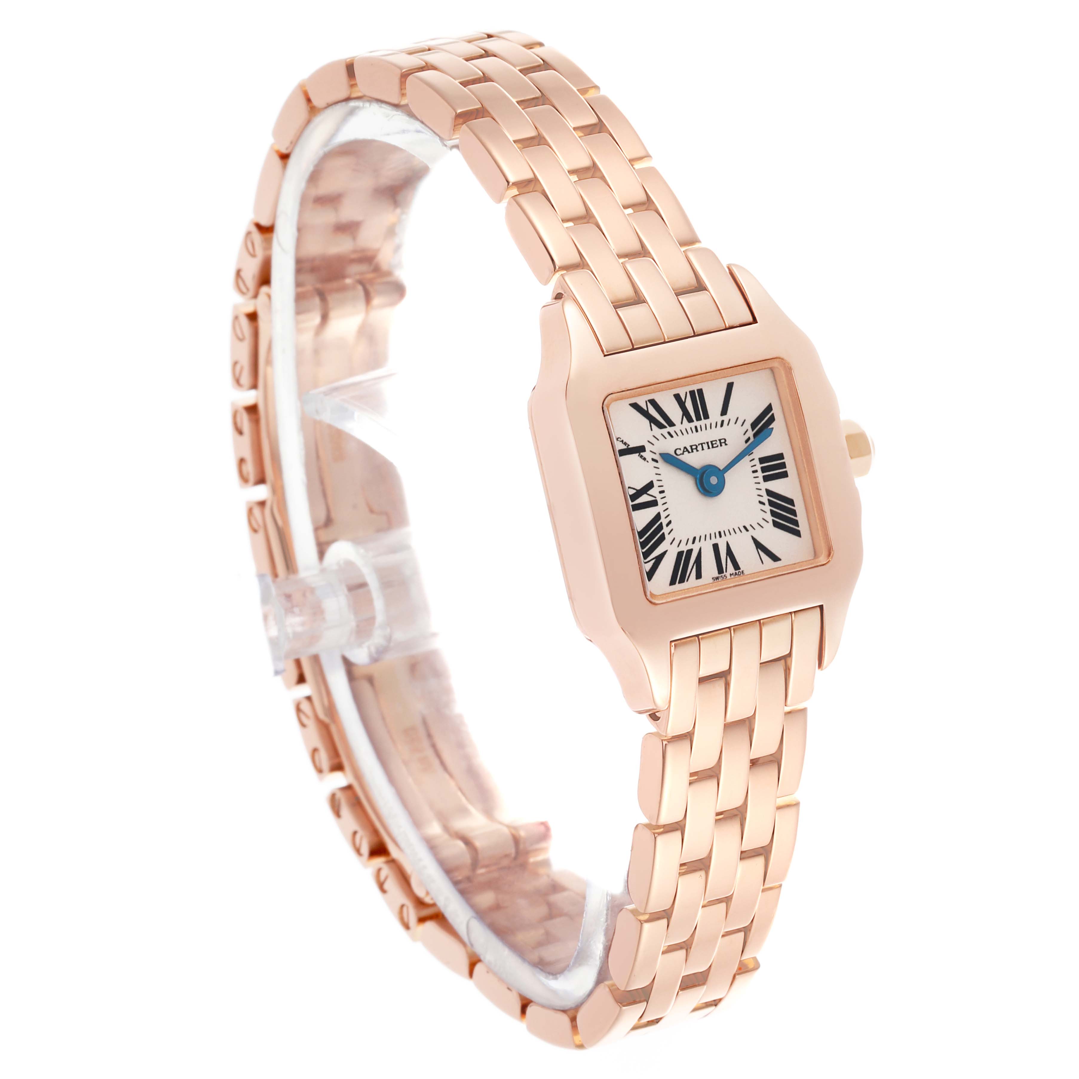 The Cartier Santos Demoiselle W25077X9 Women
s Rose Gold Silver Dial W25077X9 Women
s Rose Gold Silver Dial watch is shown from a front-side angle highlighting the face, bezel, and bracelet.