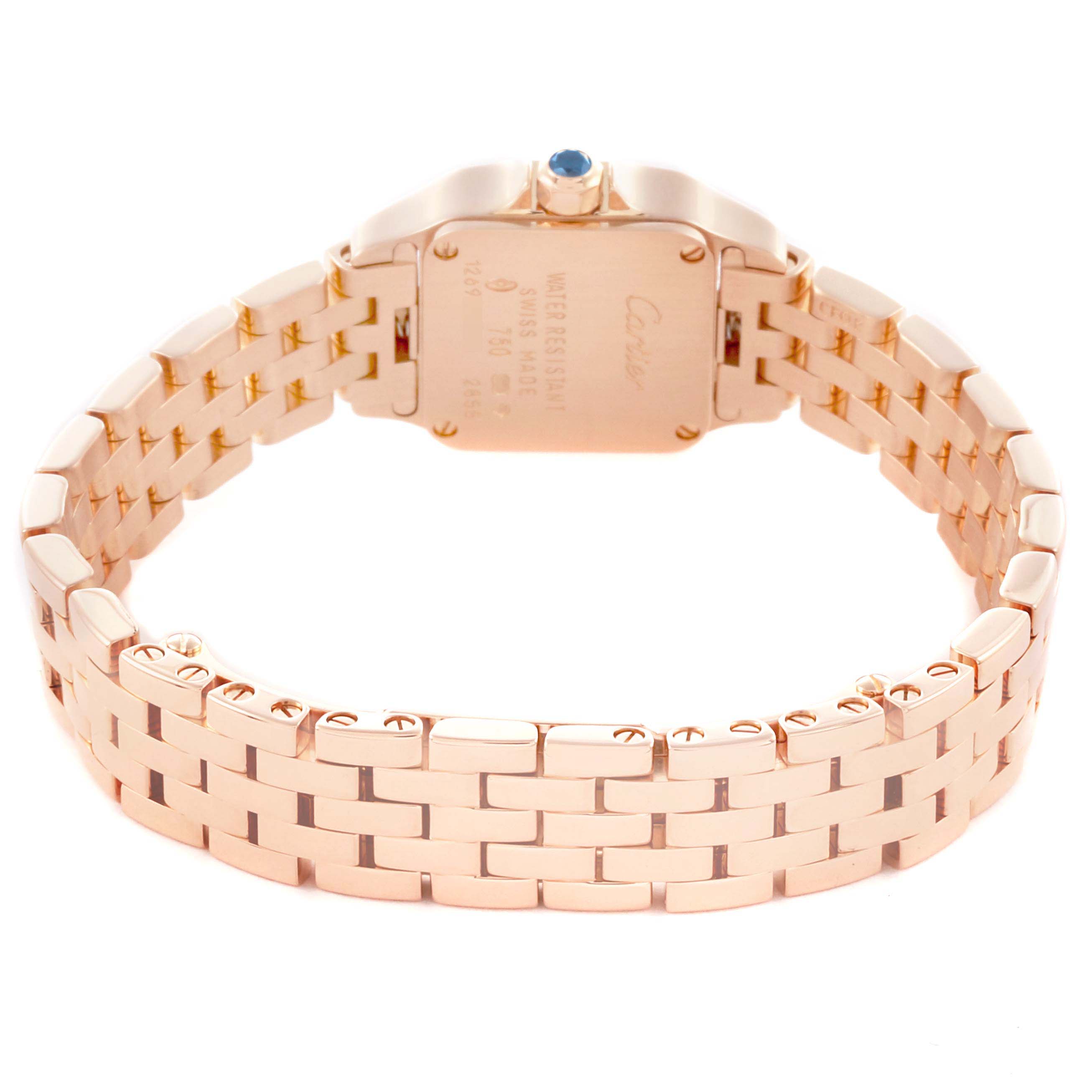 The image shows the back of the Cartier Santos Demoiselle W25077X9 Women
s Rose Gold Silver Dial W25077X9 Women
s Rose Gold Silver Dial watch, highlighting the case back and gold bracelet.