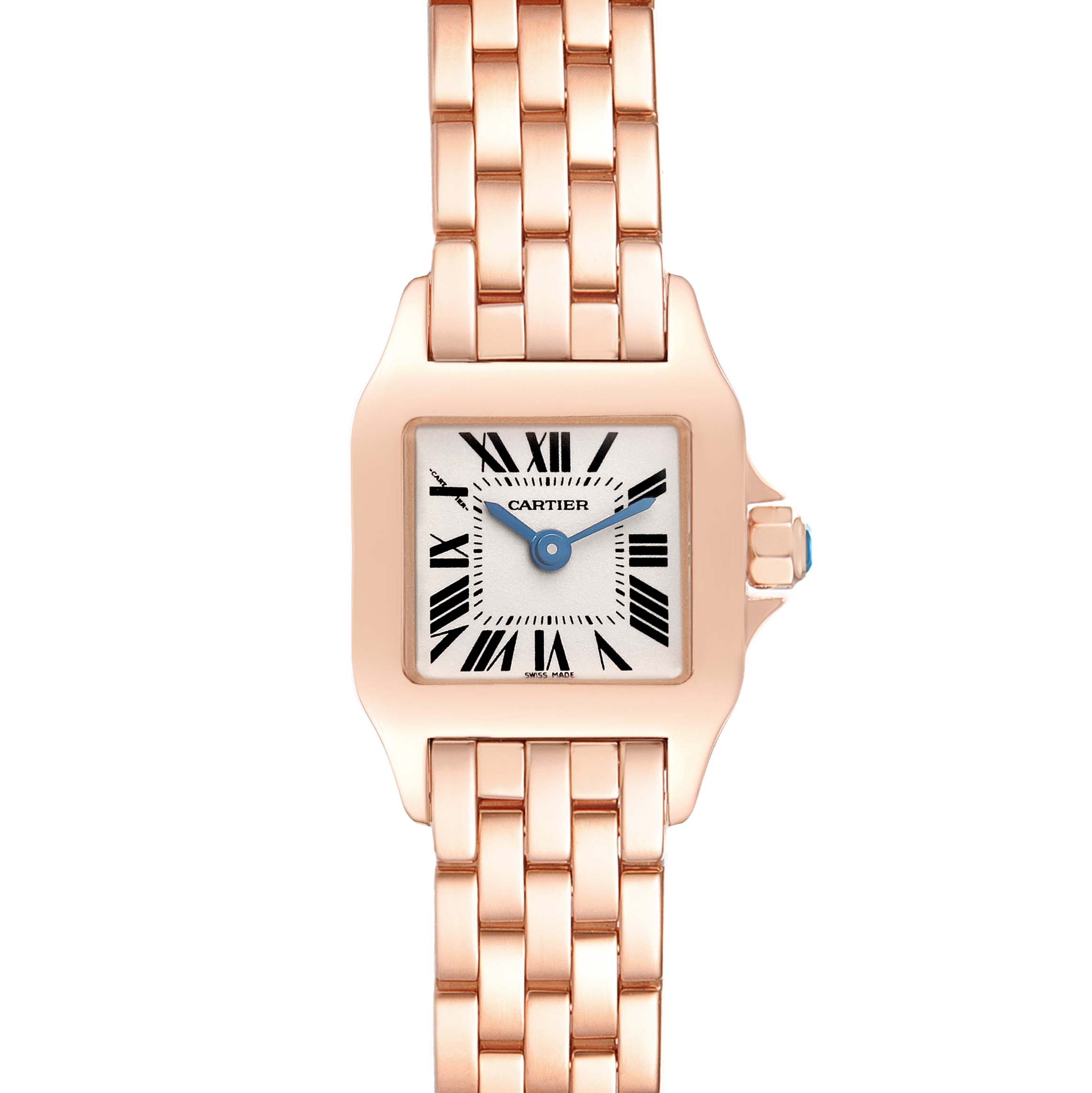 The Cartier Santos Demoiselle W25077X9 Women
s Rose Gold Silver Dial W25077X9 Women
s Rose Gold Silver Dial watch is shown from a top-down angle, highlighting the face, bezel, and bracelet.