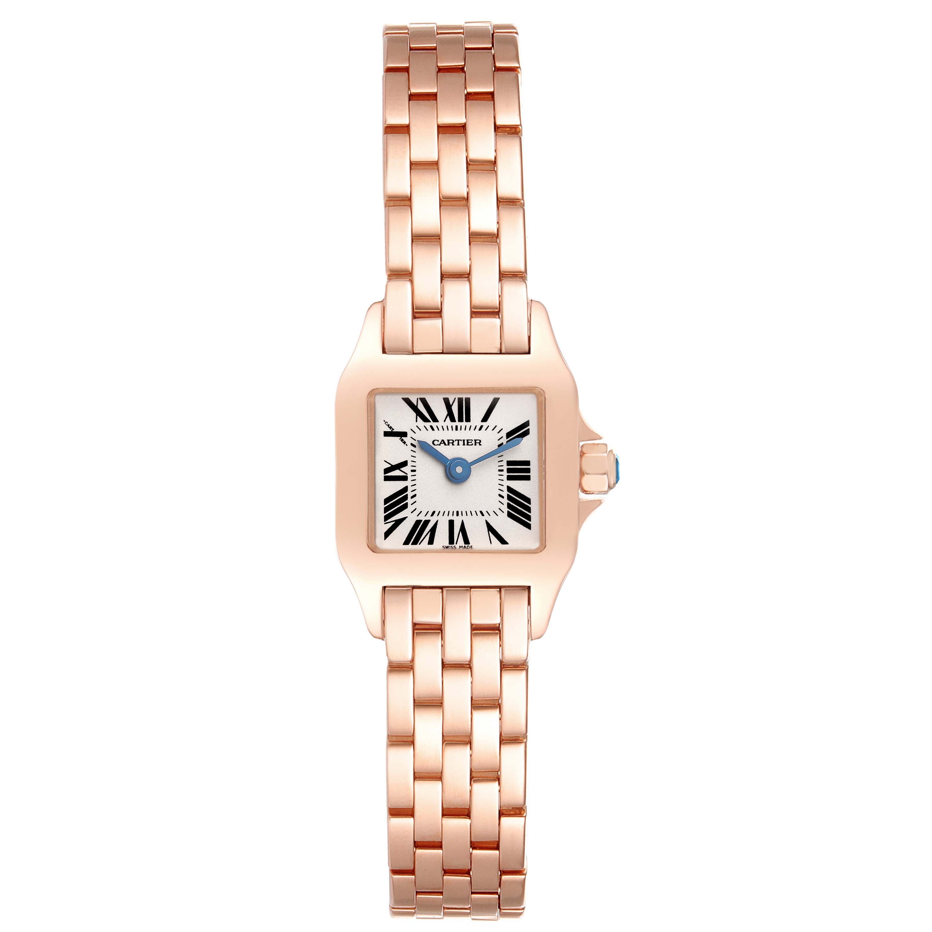 The Cartier Santos Demoiselle W25077X9 Women
s Rose Gold Silver Dial W25077X9 Women
s Rose Gold Silver Dial watch is shown from the front, highlighting its square face and linked bracelet.
