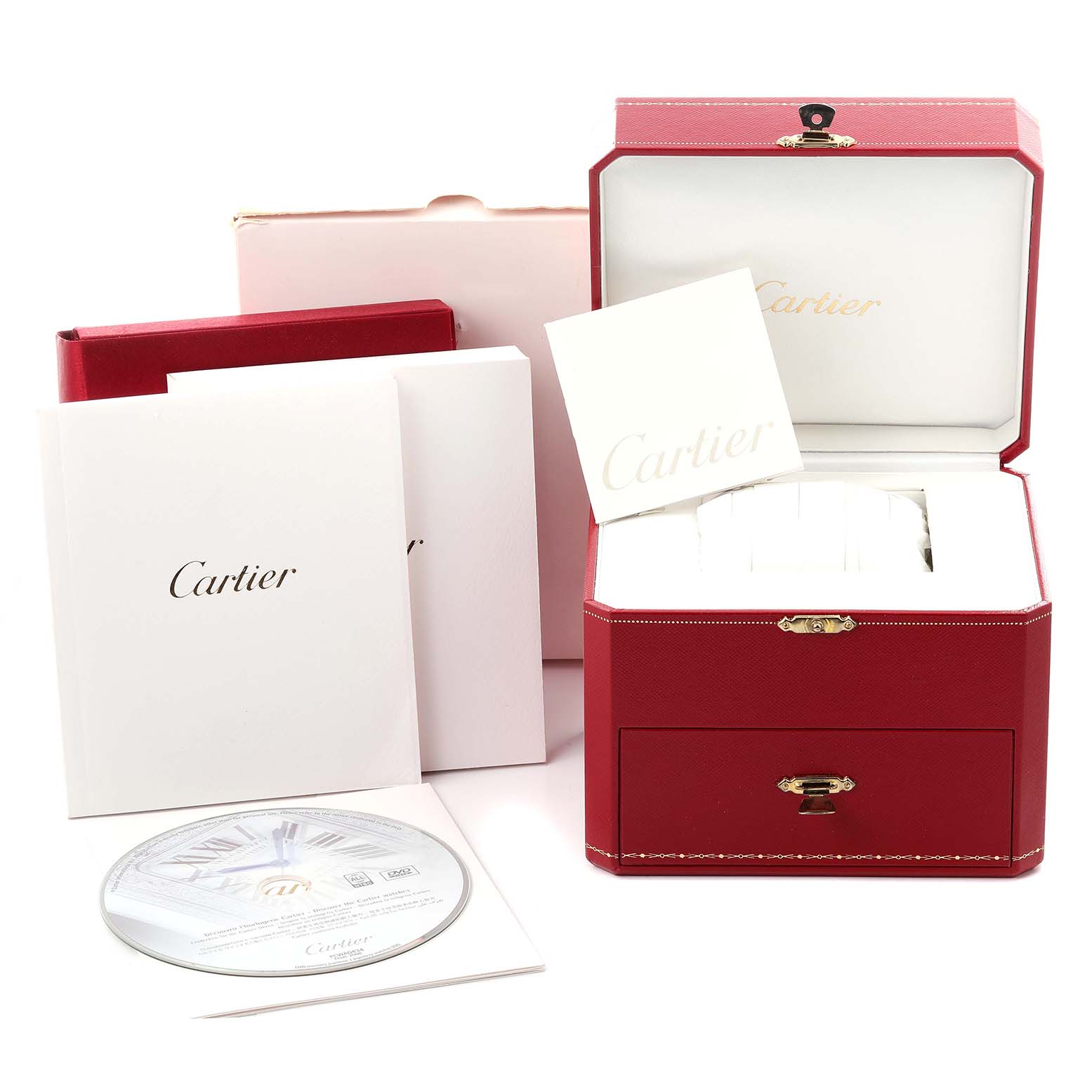The image shows a Cartier Santos Demoiselle W25077X9 Women
s Rose Gold Silver Dial W25077X9 Women
s Rose Gold Silver Dial watch box with booklets, a CD, and packaging at a frontal angle.
