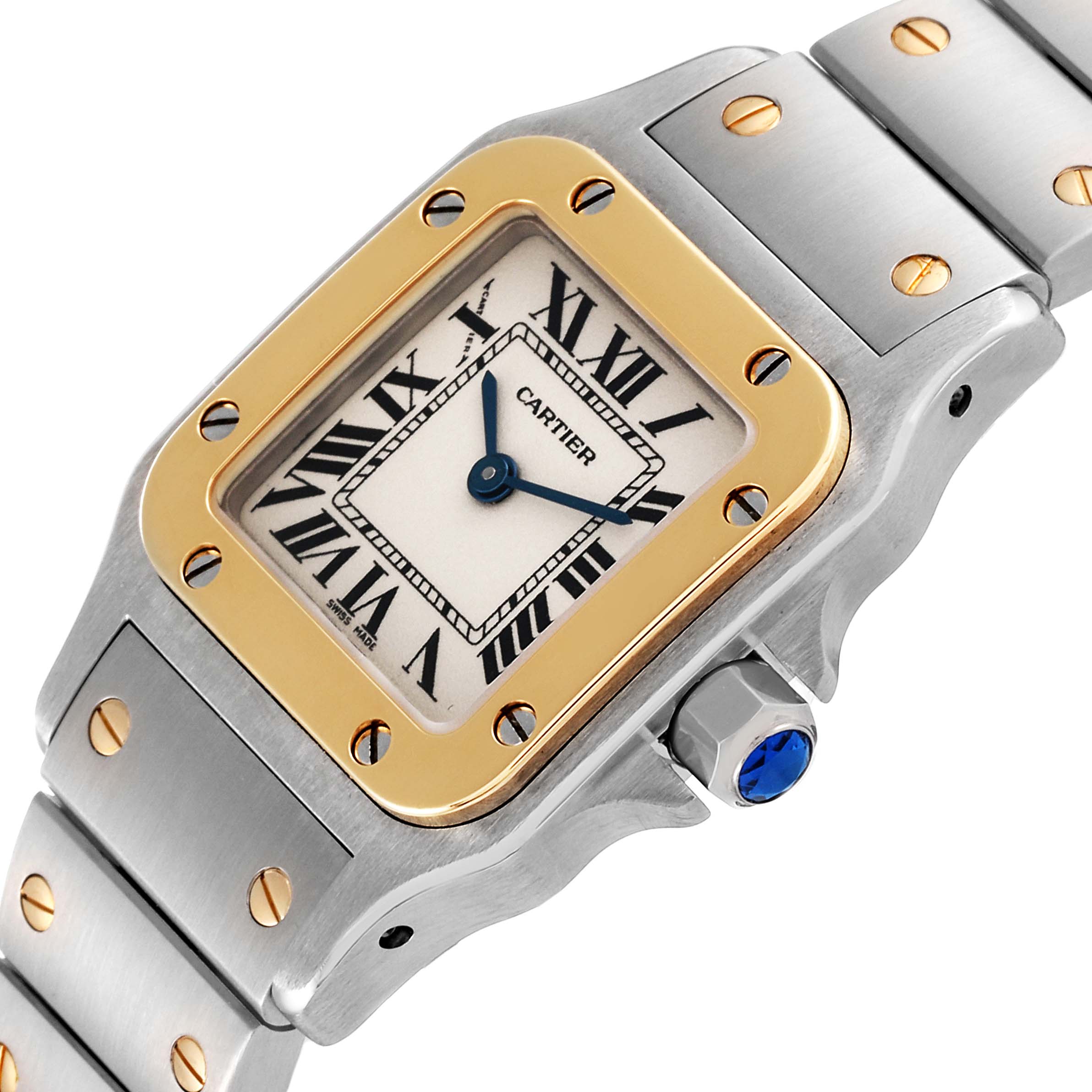 The image shows a close-up view of the Cartier Santos W20012C4 Women's Steel and Gold (two tone) Silver Dial W20012C4 Women's Steel and Gold (two tone) Silver Dial watch face, bezel, crown, and part of the bracelet.