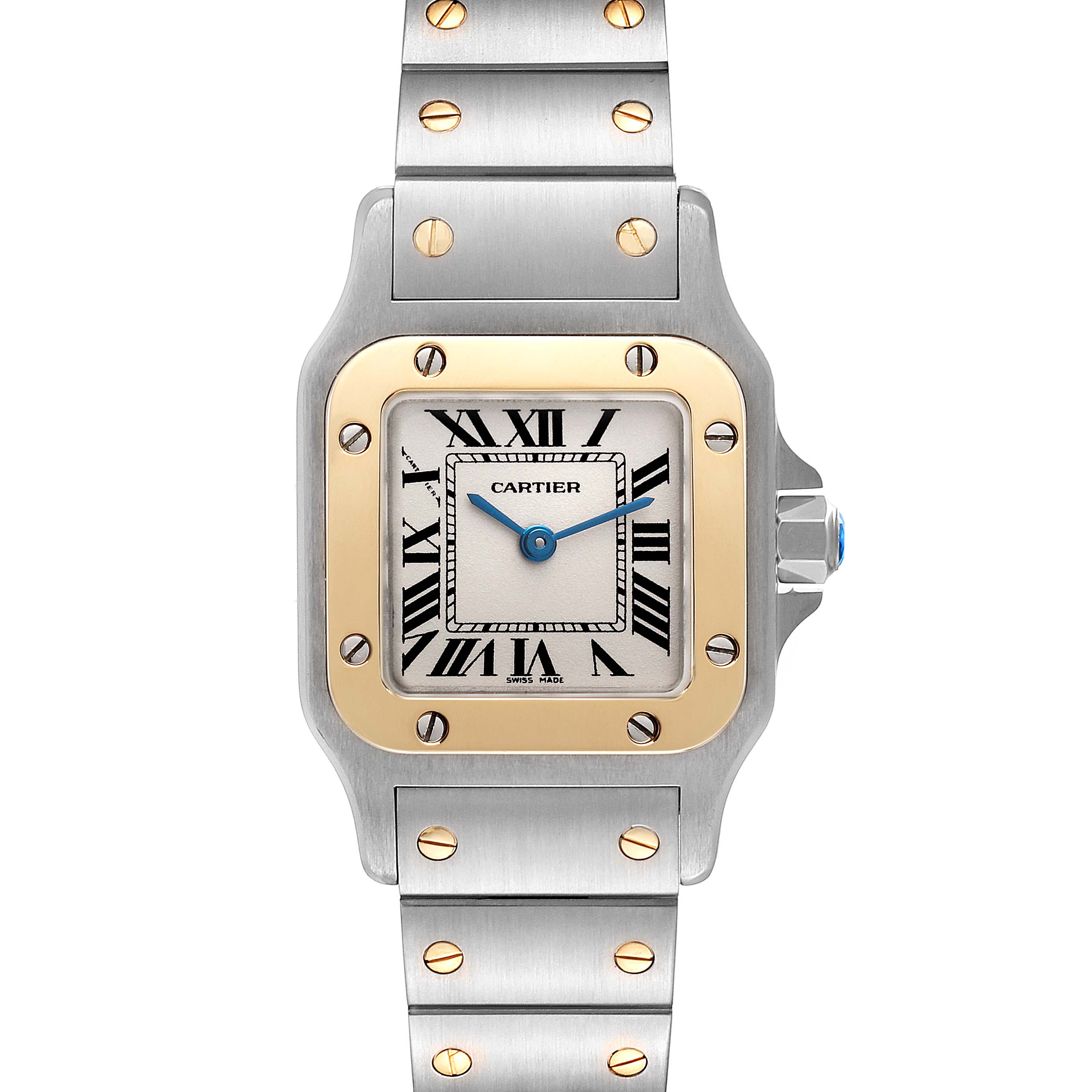 The image shows a Cartier Santos W20012C4 Women's Steel and Gold (two tone) Silver Dial W20012C4 Women's Steel and Gold (two tone) Silver Dial watch from a front view, highlighting the face, bezel, bracelet, and crown.