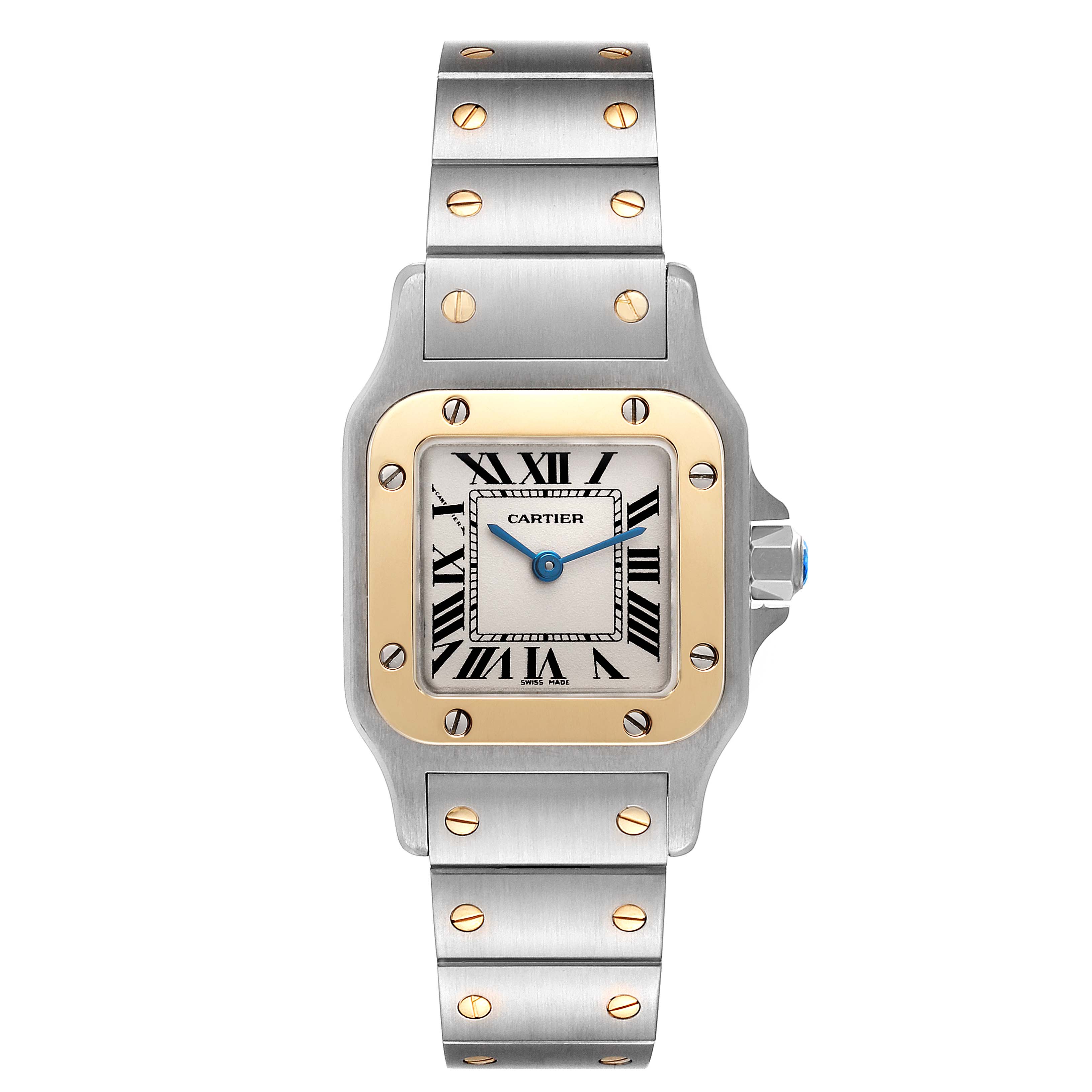 The image shows a front view of the Santos model watch by Cartier, highlighting its face, dial, and bracelet.