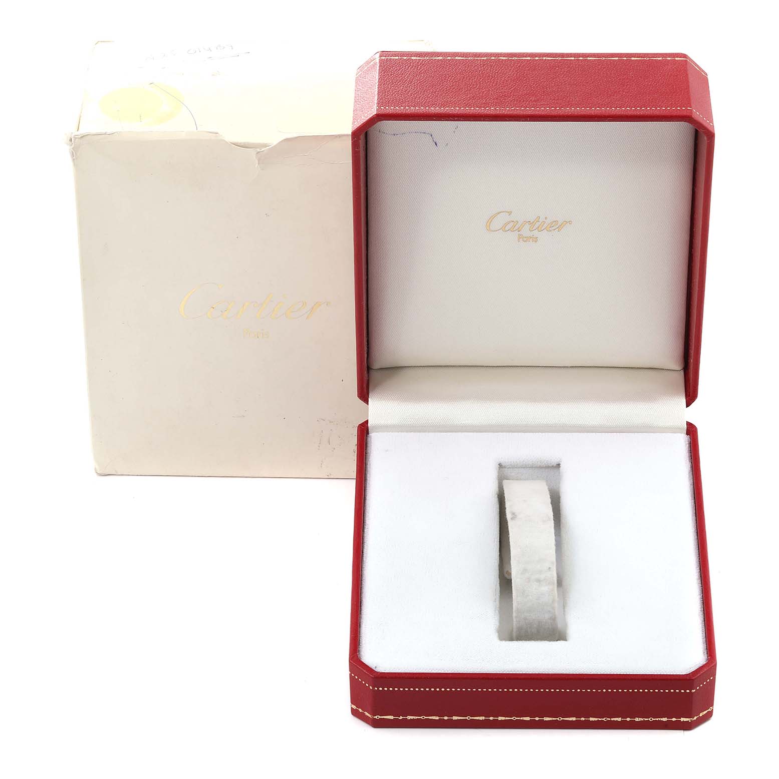 The image shows a Cartier Santos W20012C4 Women's Steel and Gold (two tone) Silver Dial W20012C4 Women's Steel and Gold (two tone) Silver Dial watch or watch accessory box, open, with the brand's packaging.