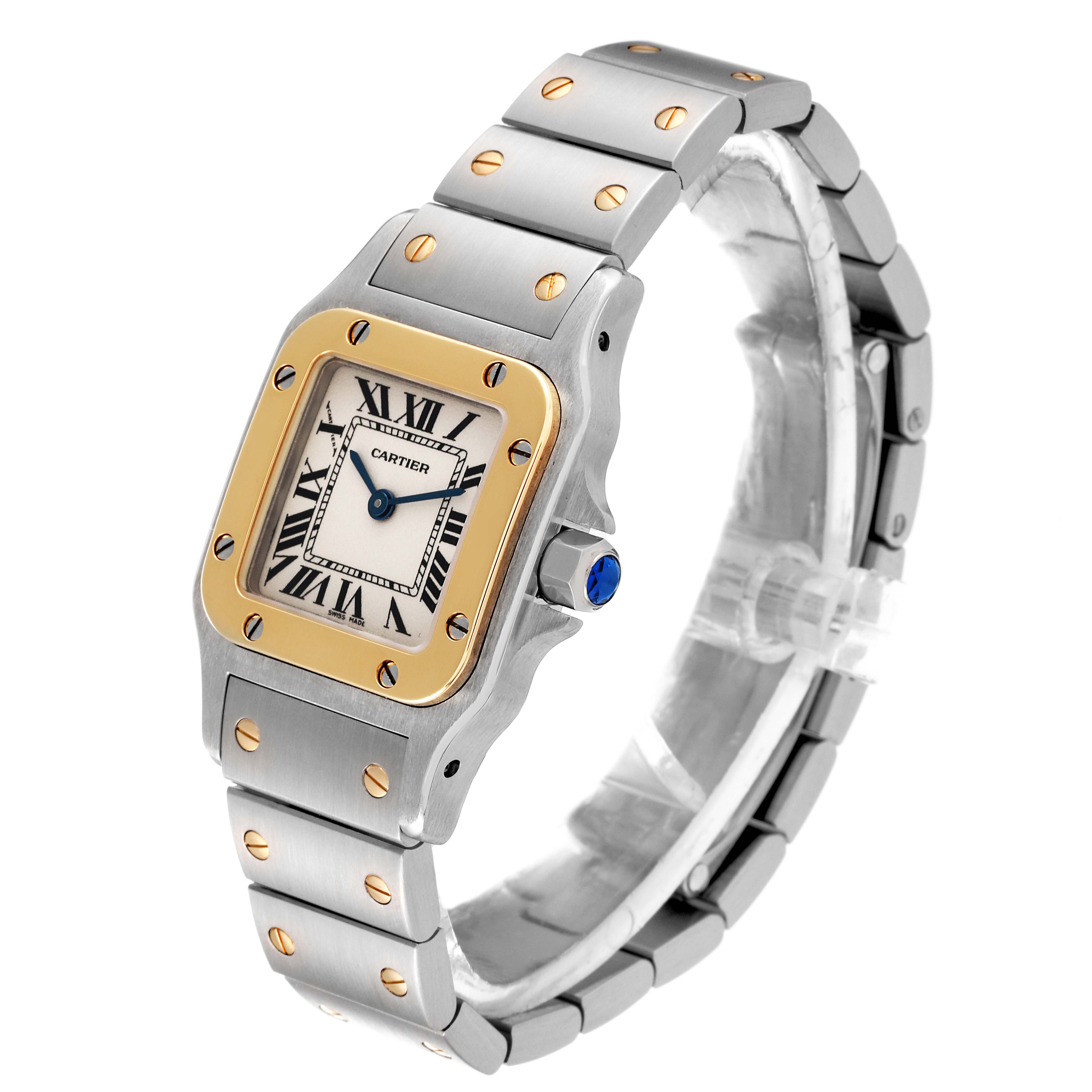 This image shows a Cartier Santos W20012C4 Women's Steel and Gold (two tone) Silver Dial W20012C4 Women's Steel and Gold (two tone) Silver Dial watch, showcasing a front angle with focus on the face, bezel, crown, and bracelet.