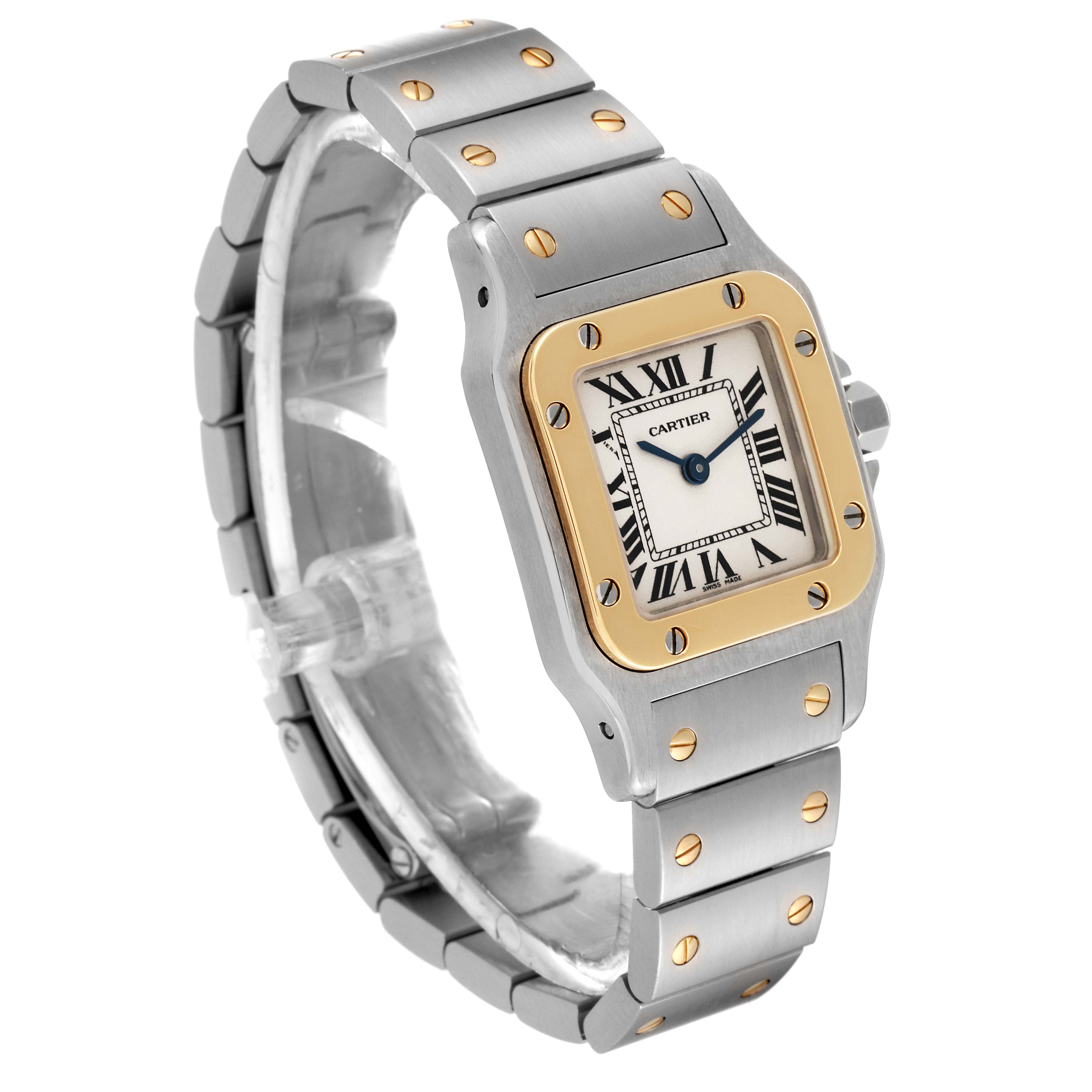 The image shows a Cartier Santos W20012C4 Women's Steel and Gold (two tone) Silver Dial W20012C4 Women's Steel and Gold (two tone) Silver Dial watch from an angled front view, highlighting its face, bracelet, and bezel.