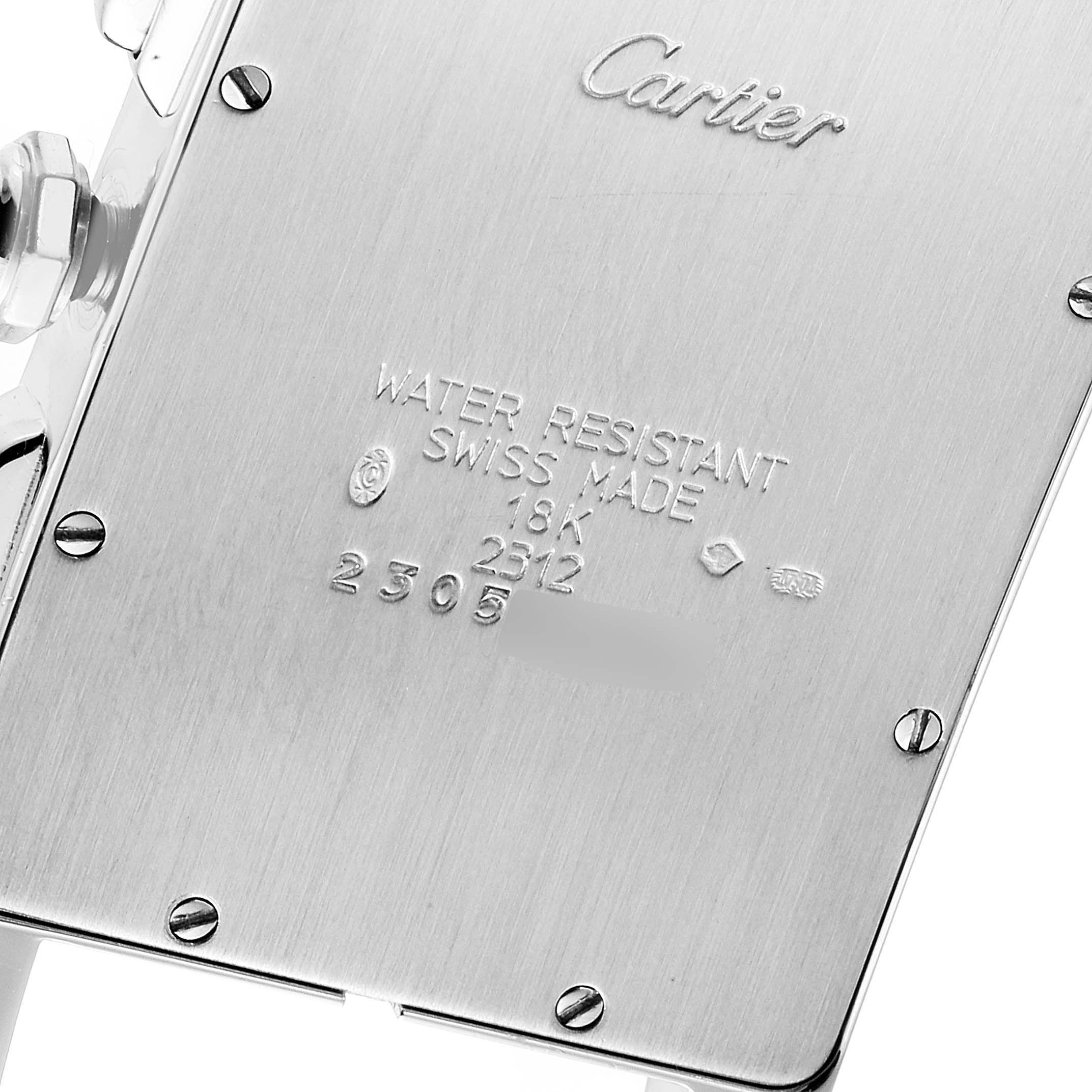 This image shows the back case of a Cartier Tank Americaine W2603358 Men's White Gold Silver Dial W2603358 Men's White Gold Silver Dial watch, highlighting its water resistance, material, and serial number details.