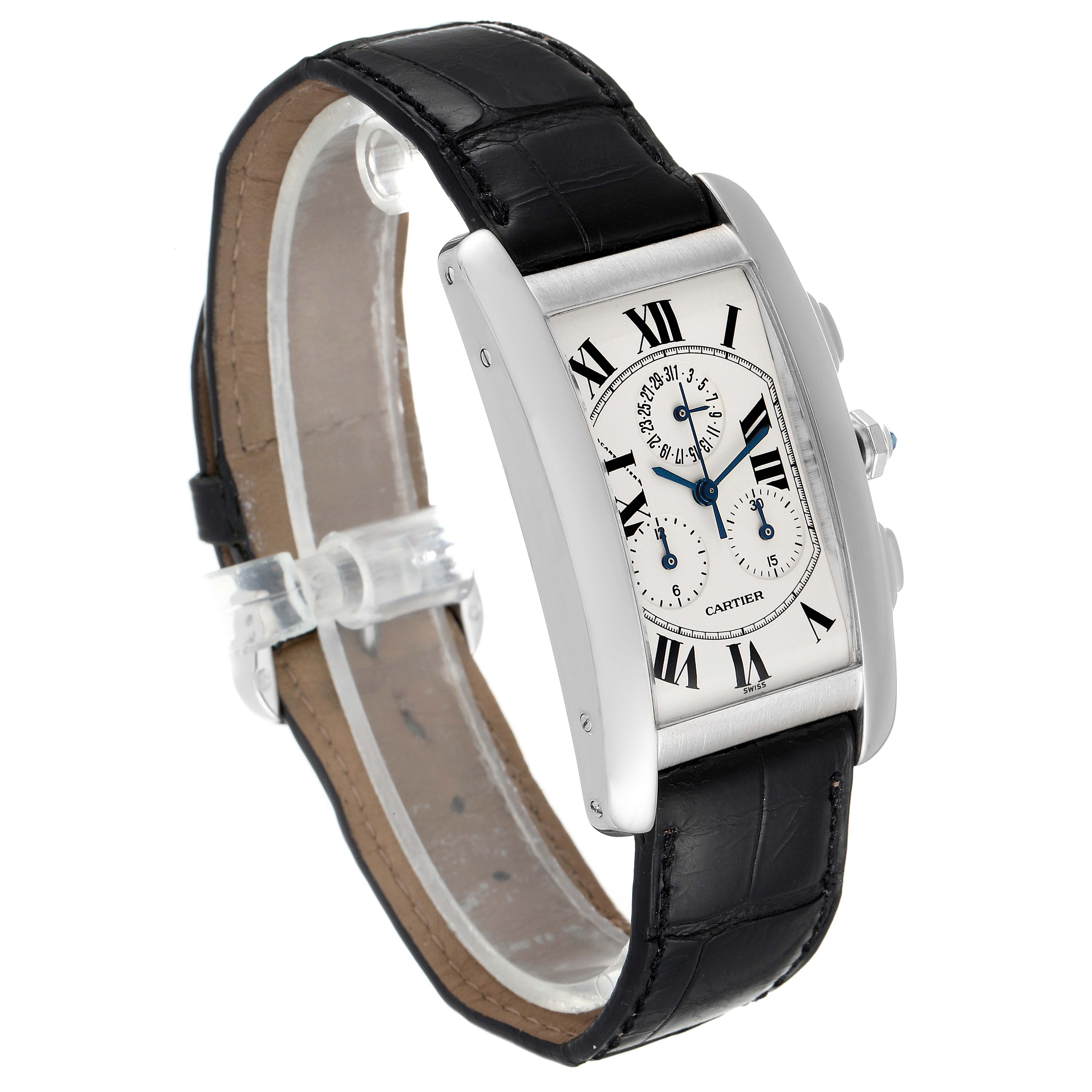 The image shows a Cartier Tank Americaine W2603358 Men's White Gold Silver Dial W2603358 Men's White Gold Silver Dial watch from a 3/4 angle, highlighting its black leather strap, rectangular face, and side buttons.