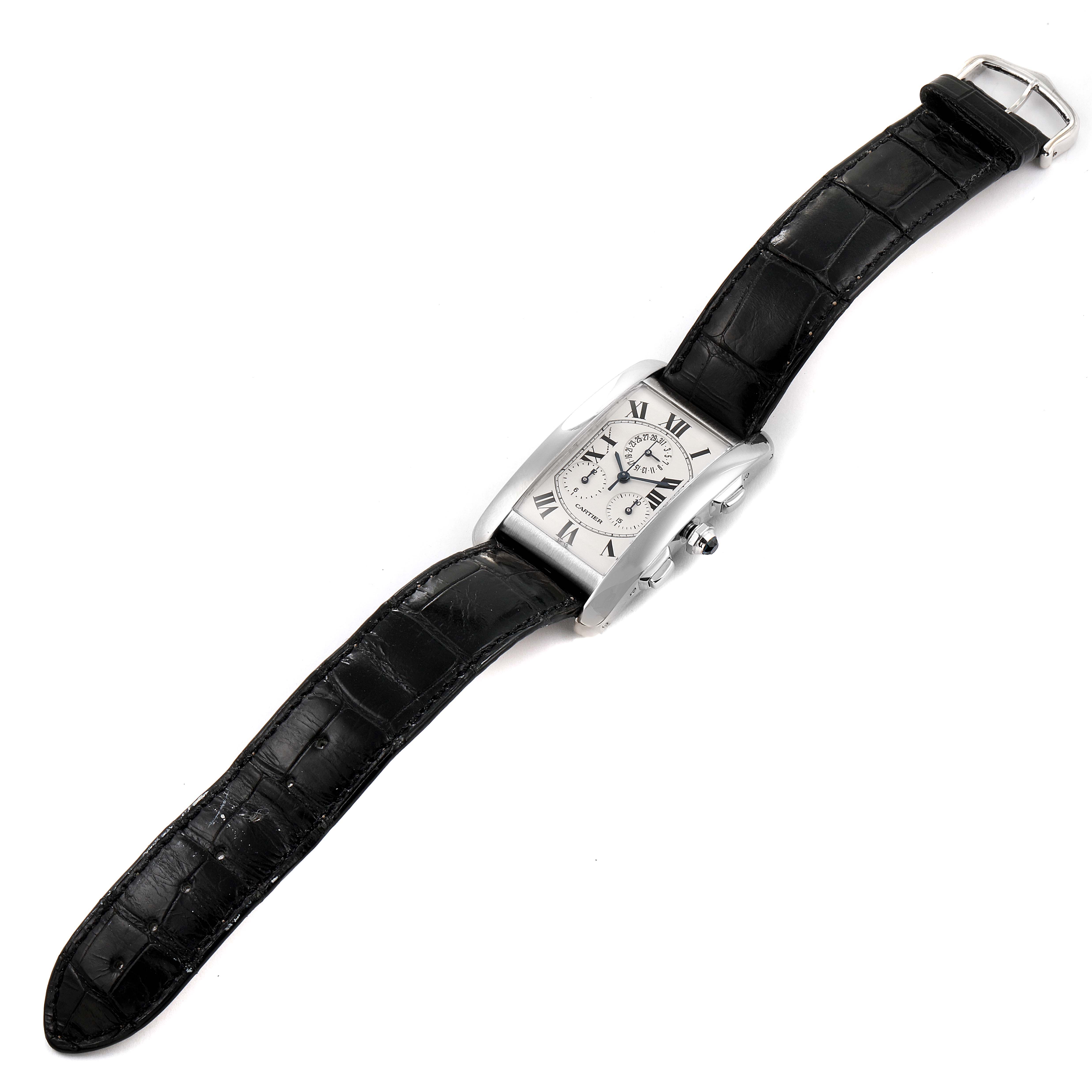 The Cartier Tank Americaine W2603358 Men's White Gold Silver Dial W2603358 Men's White Gold Silver Dial watch is shown from a front view, displaying its face, strap, and clasp.