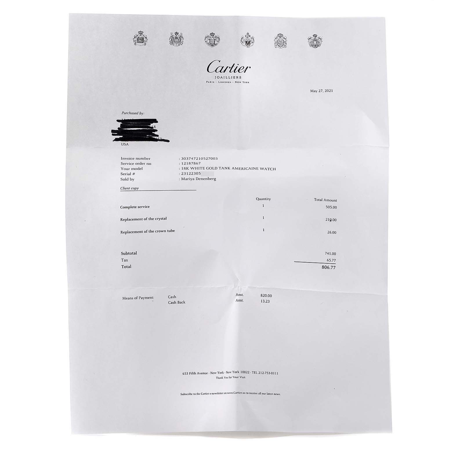 The image shows an invoice for services related to an 18K white gold Tank Americaine watch by Cartier.