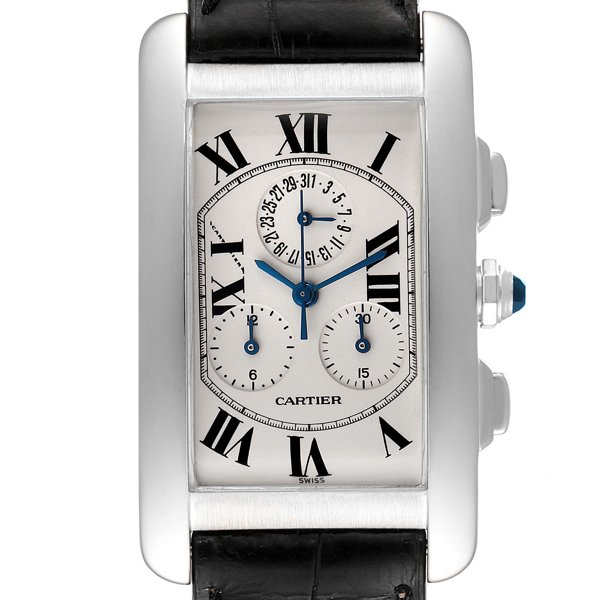 The image shows a front view of a Cartier Tank Americaine W2603358 Men's White Gold Silver Dial W2603358 Men's White Gold Silver Dial watch, displaying the face, roman numerals, sub-dials, and crown.