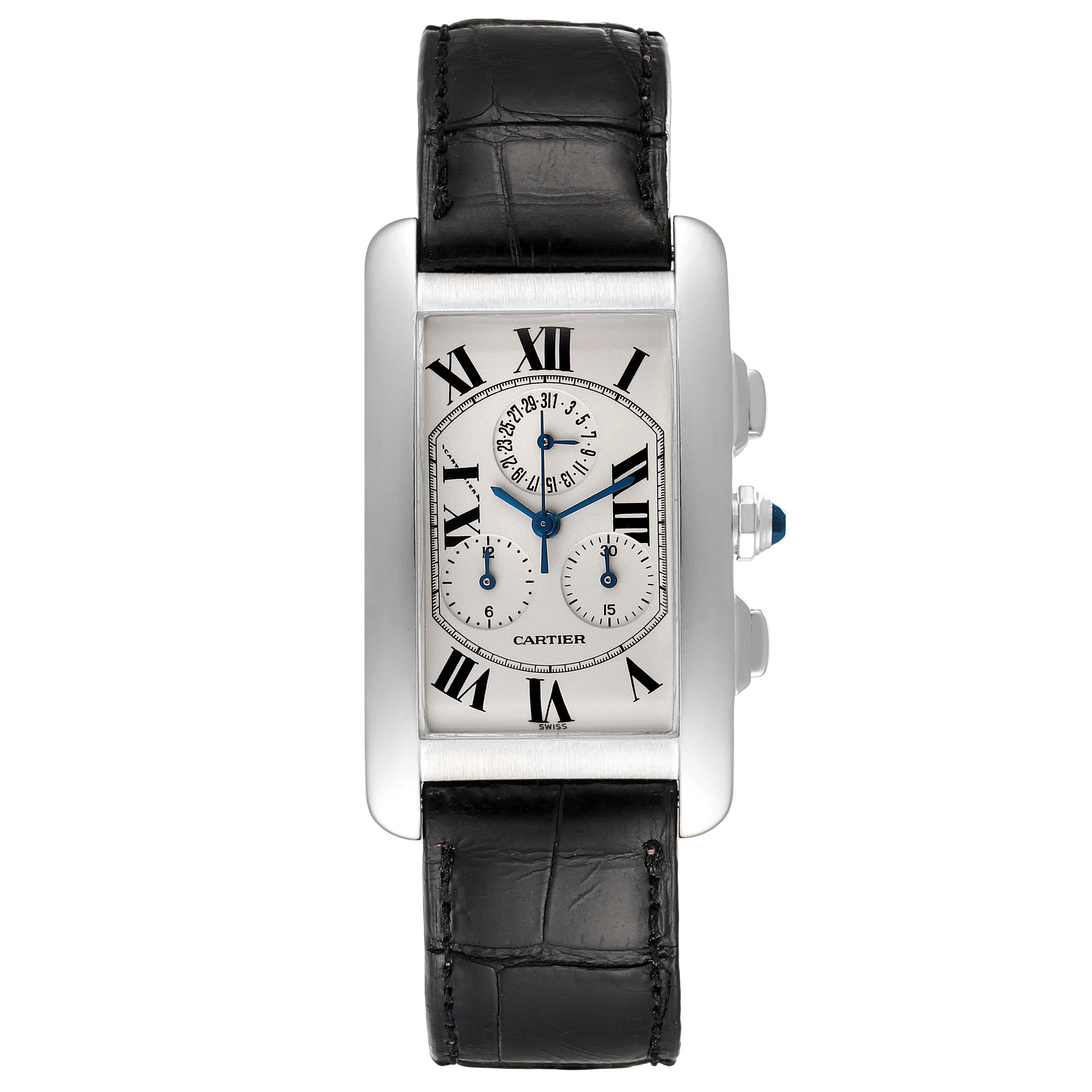The image shows a frontal view of the Cartier Tank Americaine W2603358 Men's White Gold Silver Dial W2603358 Men's White Gold Silver Dial watch, highlighting its face, black leather strap, and side buttons.