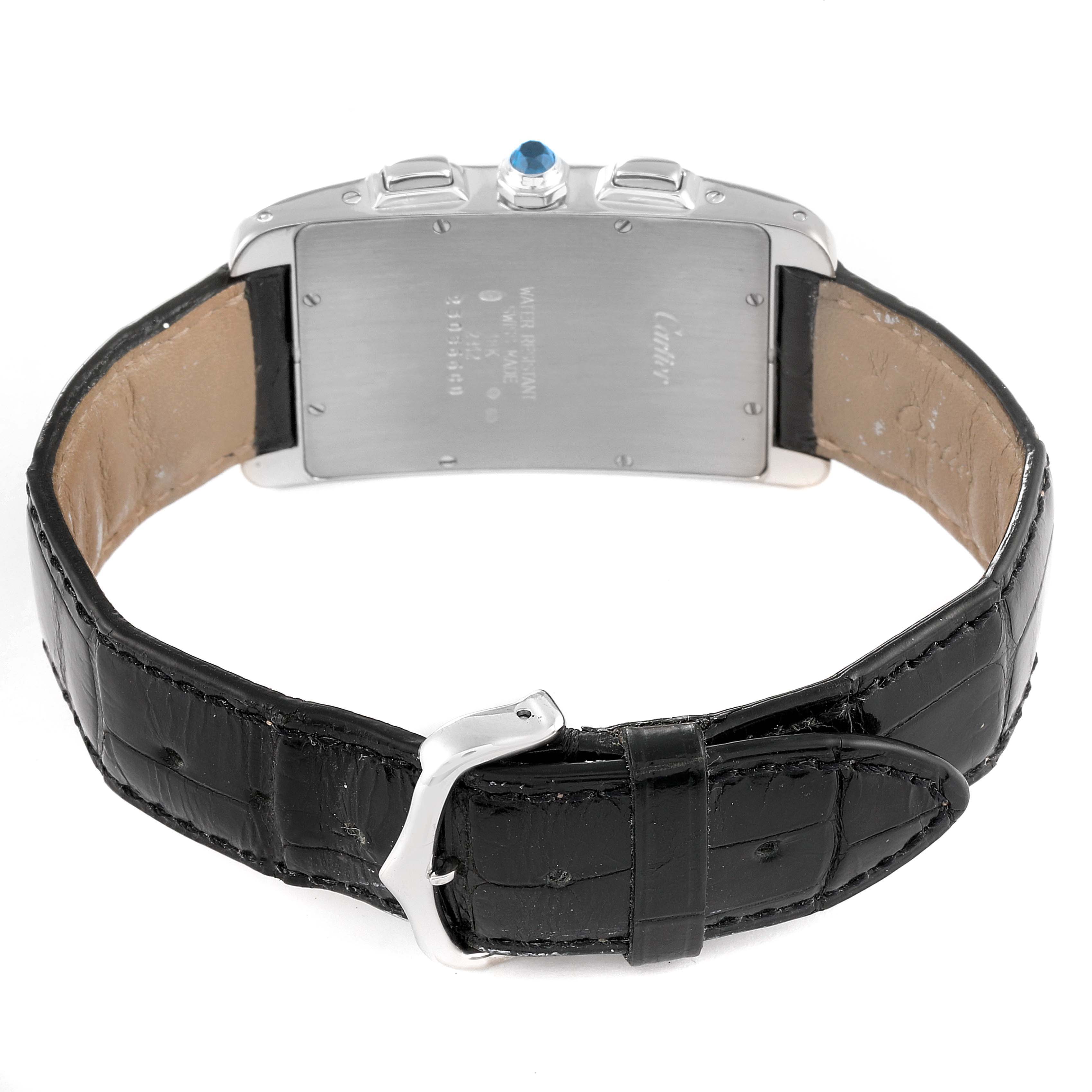 The image shows the back of a Cartier Tank Americaine W2603358 Men's White Gold Silver Dial W2603358 Men's White Gold Silver Dial watch, highlighting its case, buckled leather strap, and crown.