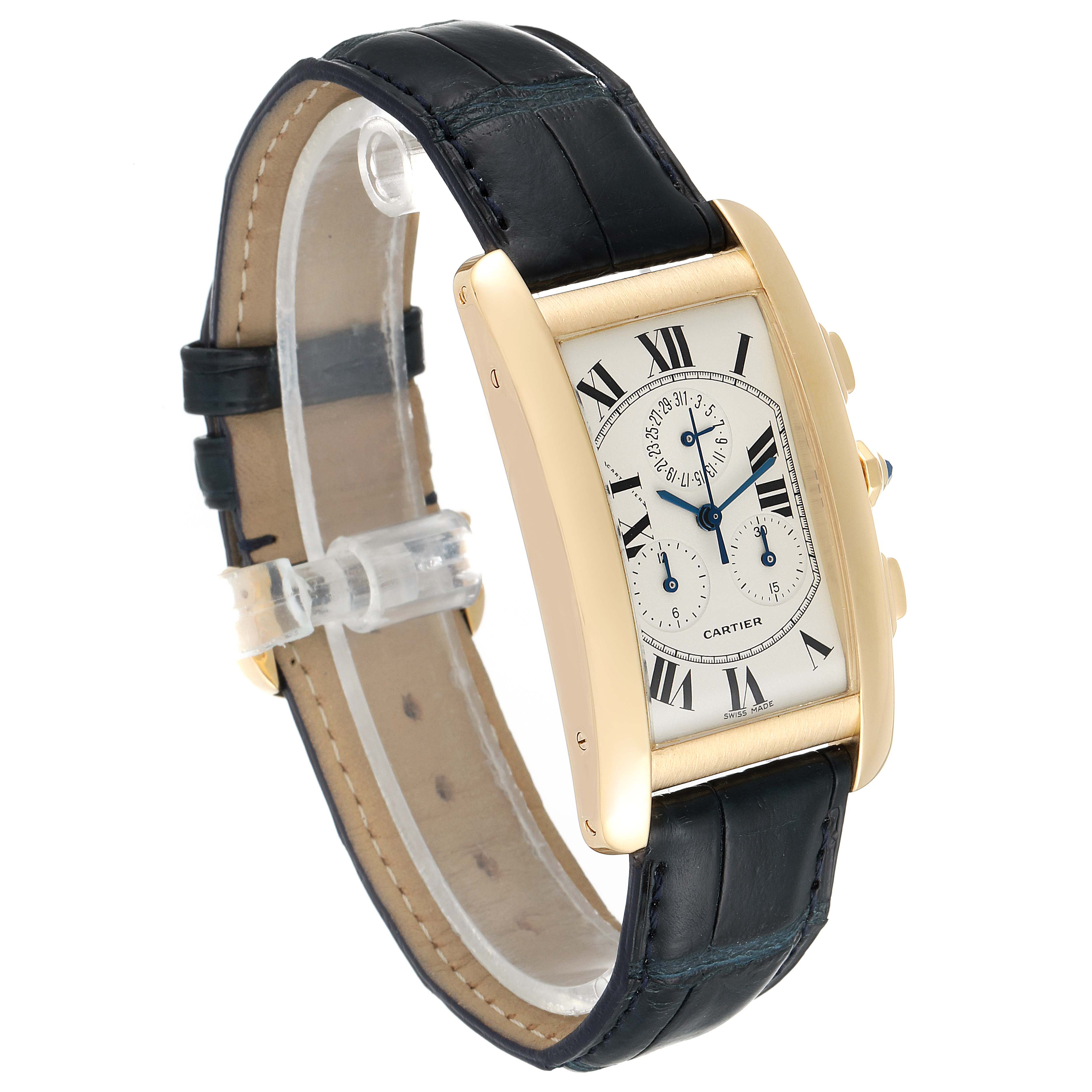 The image shows a Cartier Tank Américaine watch from an angled side view, displaying the face, strap, and case.
