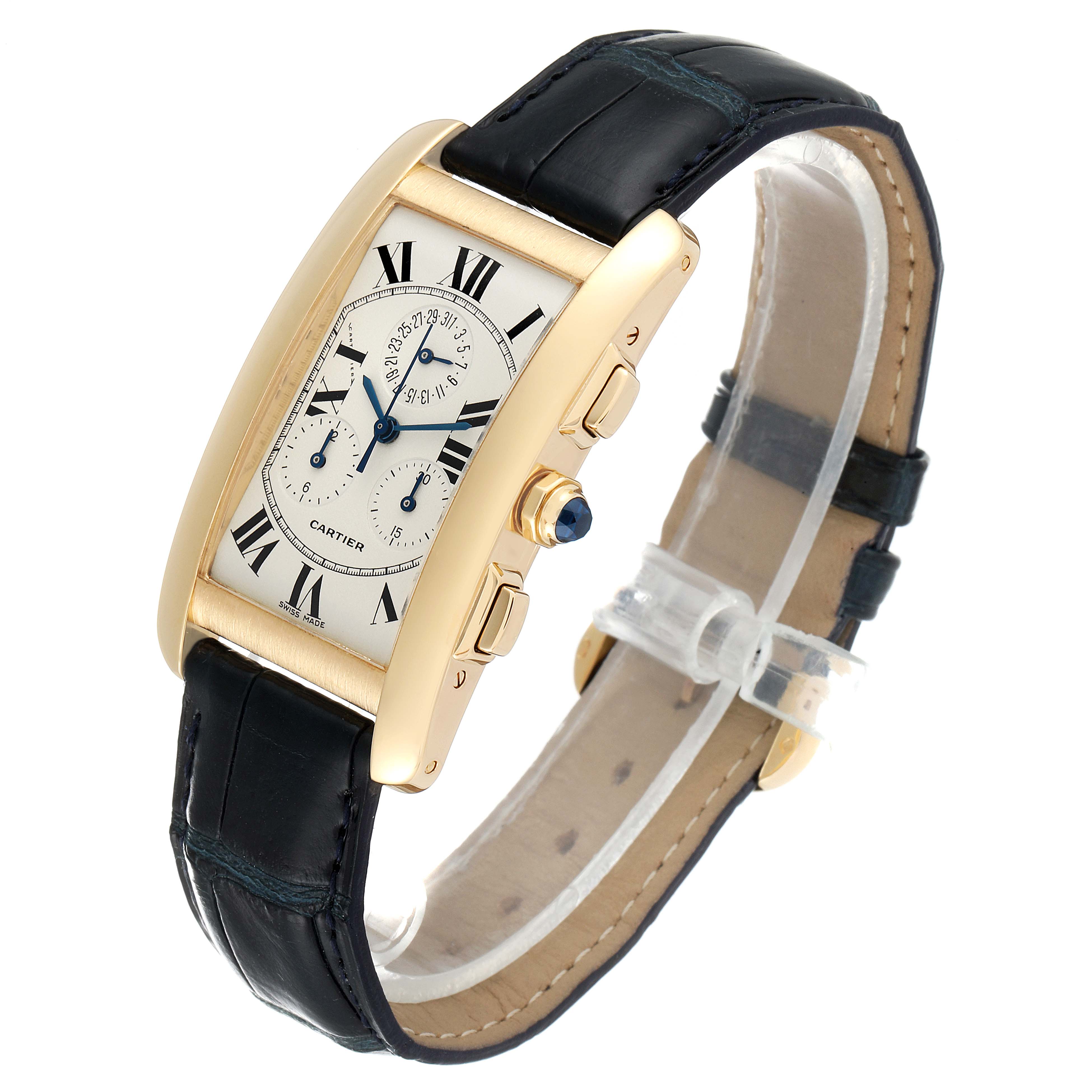 The Cartier Tank Américaine watch is shown at an angled view, detailing its rectangular face, leather strap, and side pushers/crown.