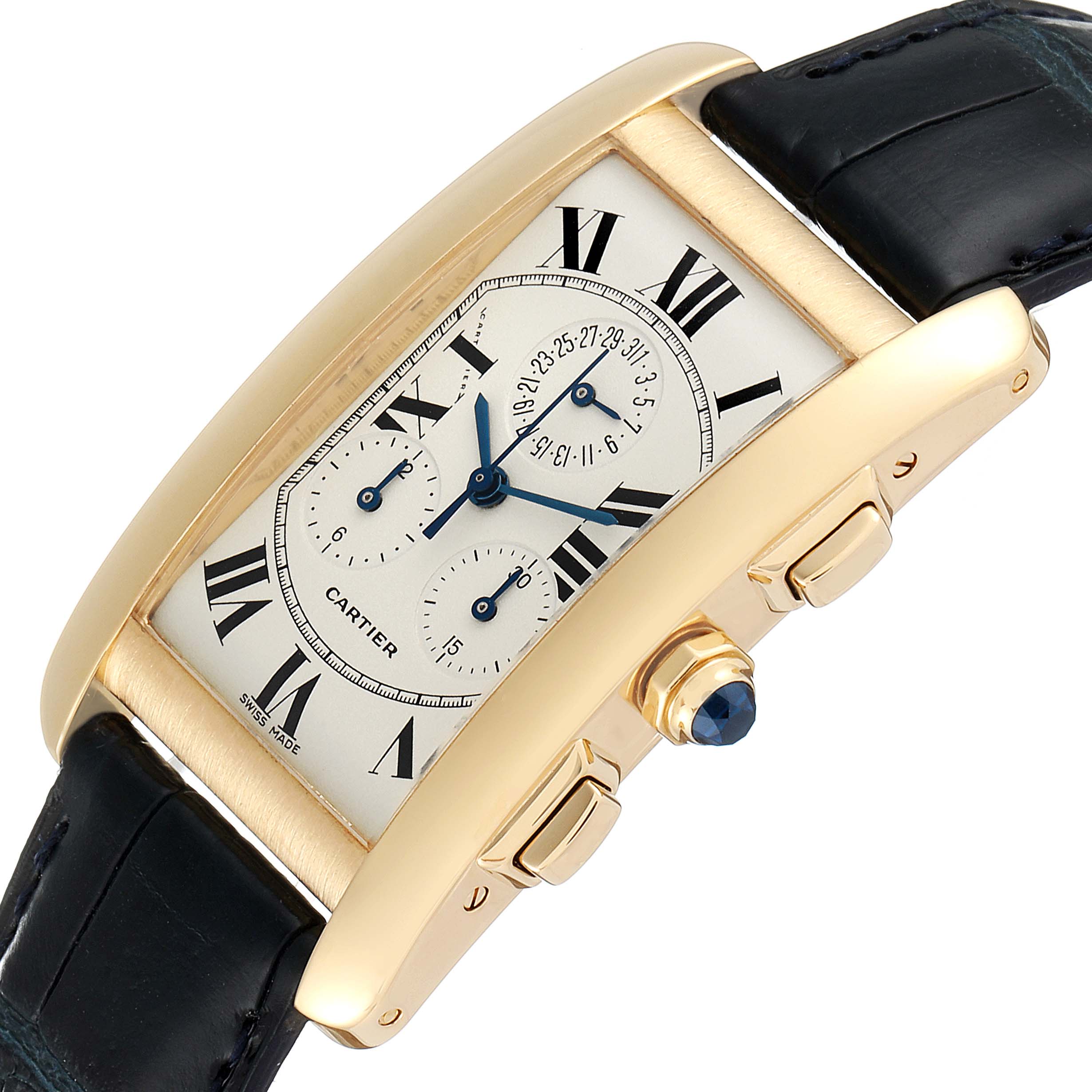 The image shows a Cartier Tank Americaine W2601156 Men
s Yellow Gold Silver Dial W2601156 Men
s Yellow Gold Silver Dial watch at an angle emphasizing the gold casing, multiple dials, and black leather strap.