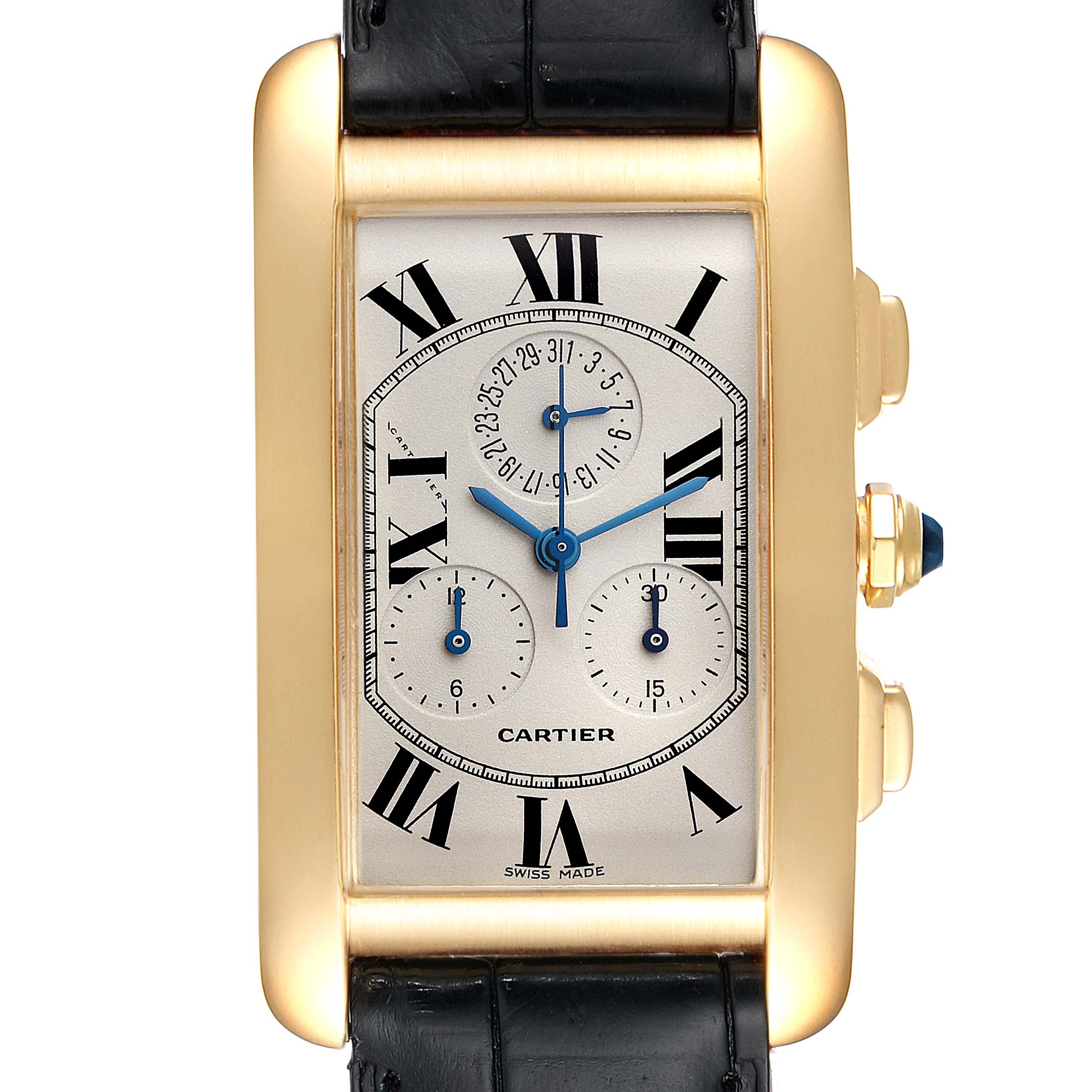 The image shows a Cartier Tank Americaine W2601156 Men
s Yellow Gold Silver Dial W2601156 Men
s Yellow Gold Silver Dial watch face and side profile, highlighting its rectangular dial and gold casing.