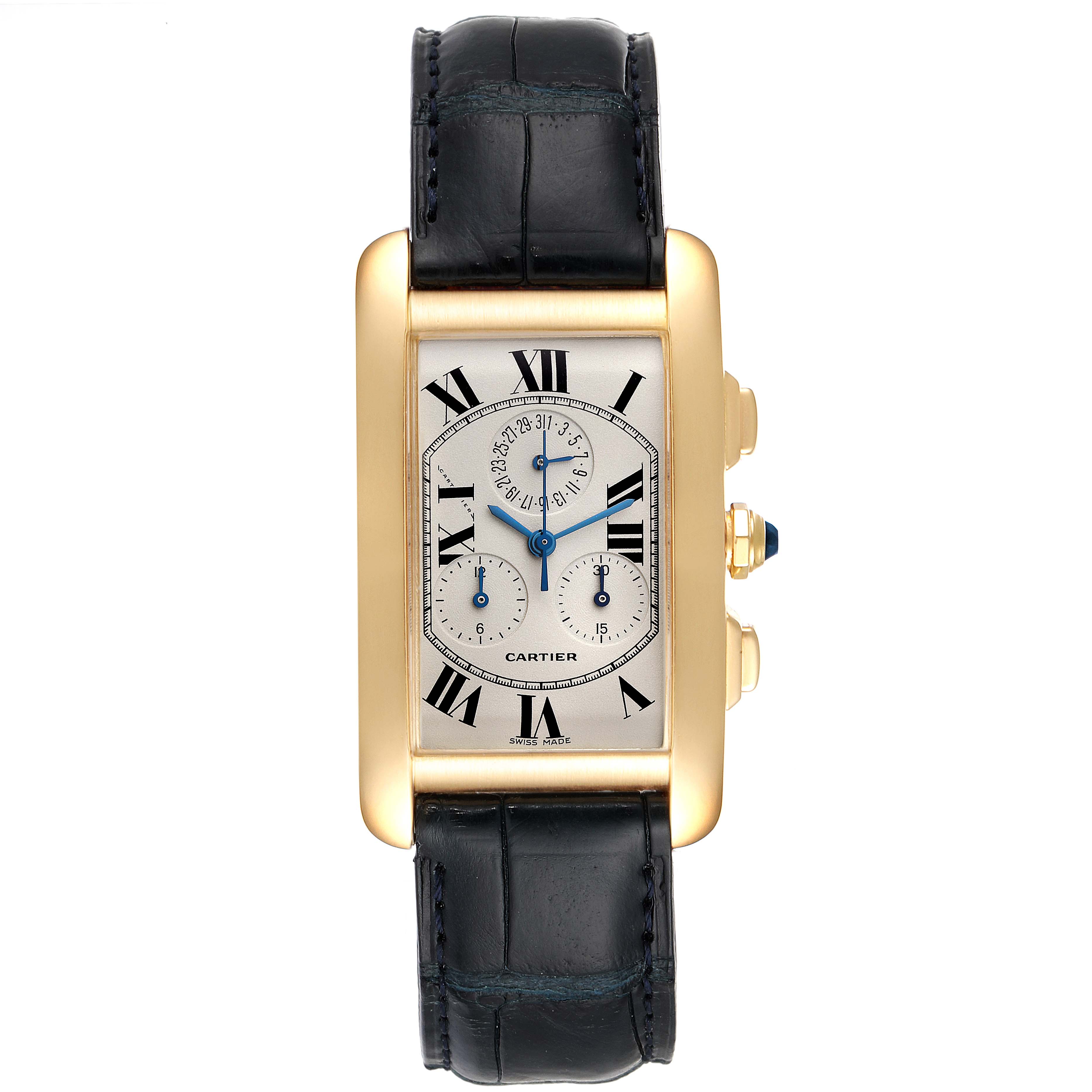This is a straight-on view of the Cartier Tank Americaine W2601156 Men
s Yellow Gold Silver Dial W2601156 Men
s Yellow Gold Silver Dial watch, showcasing its face, leather strap, and side buttons.