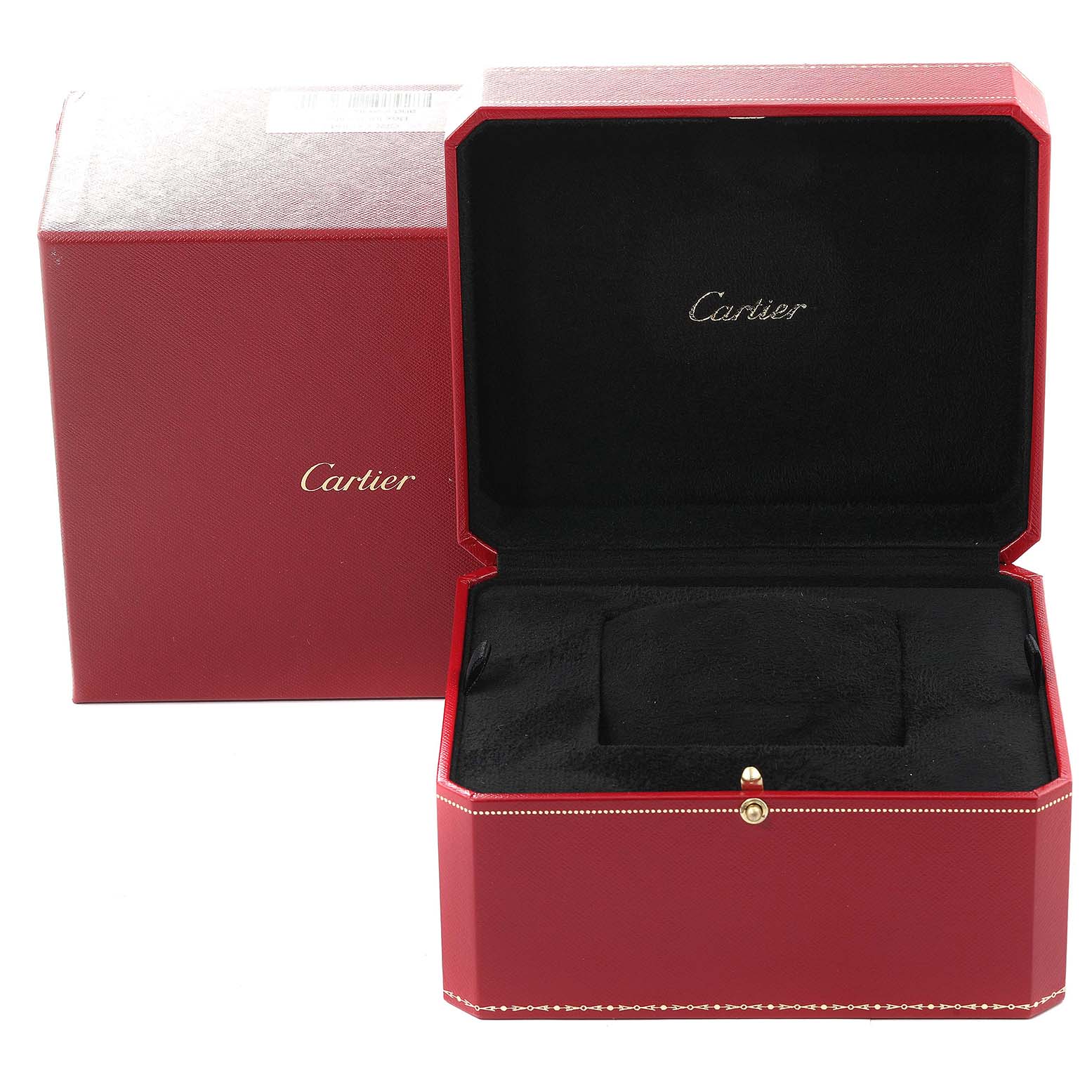 The image shows red, branded Cartier boxes, open at a front angle with the interior black watch cushion displayed.
