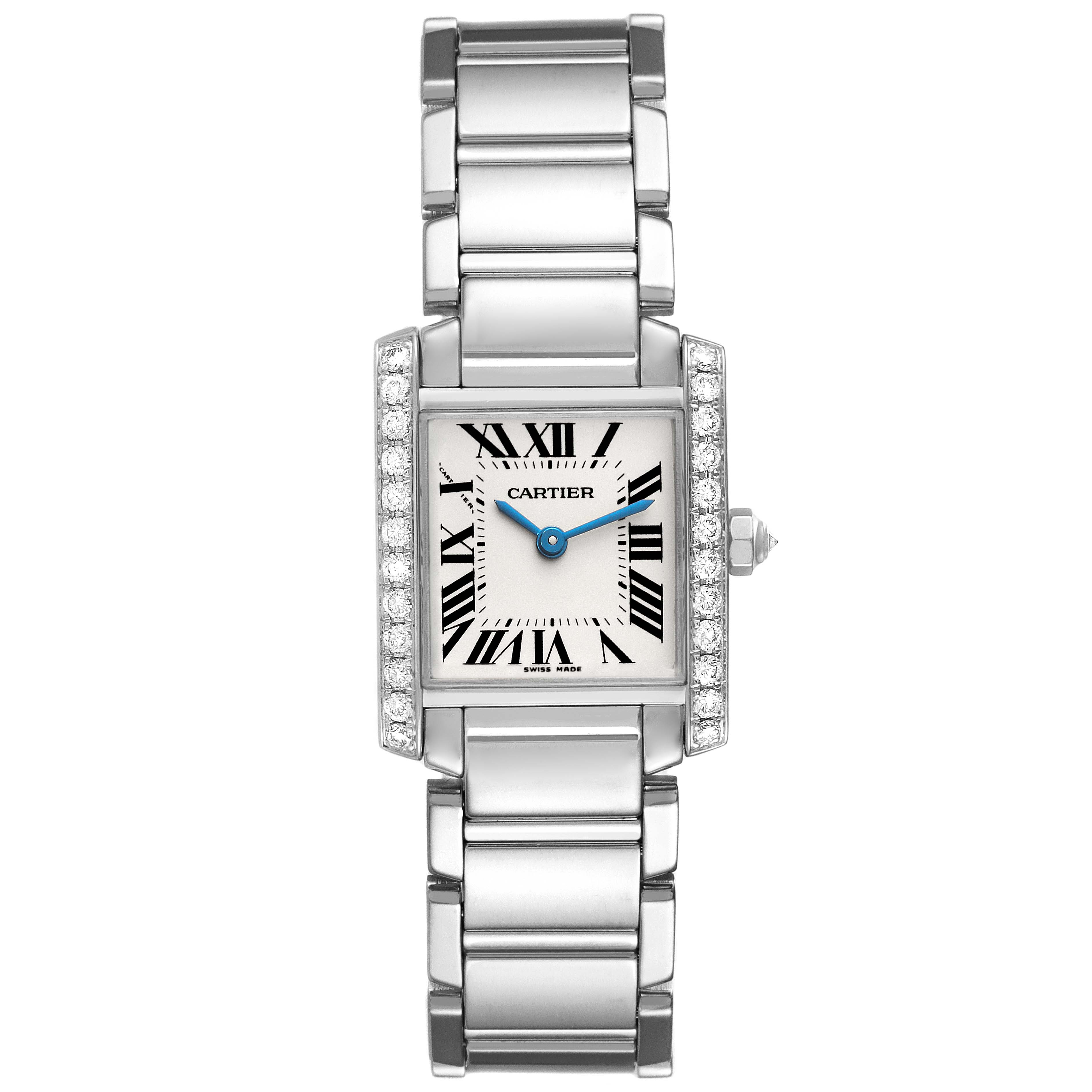 This image shows a frontal view of the Cartier Tank Francaise WE1002S3 Women's White Gold Silver Dial WE1002S3 Women's White Gold Silver Dial watch, displaying its face, bezel, and metal bracelet.