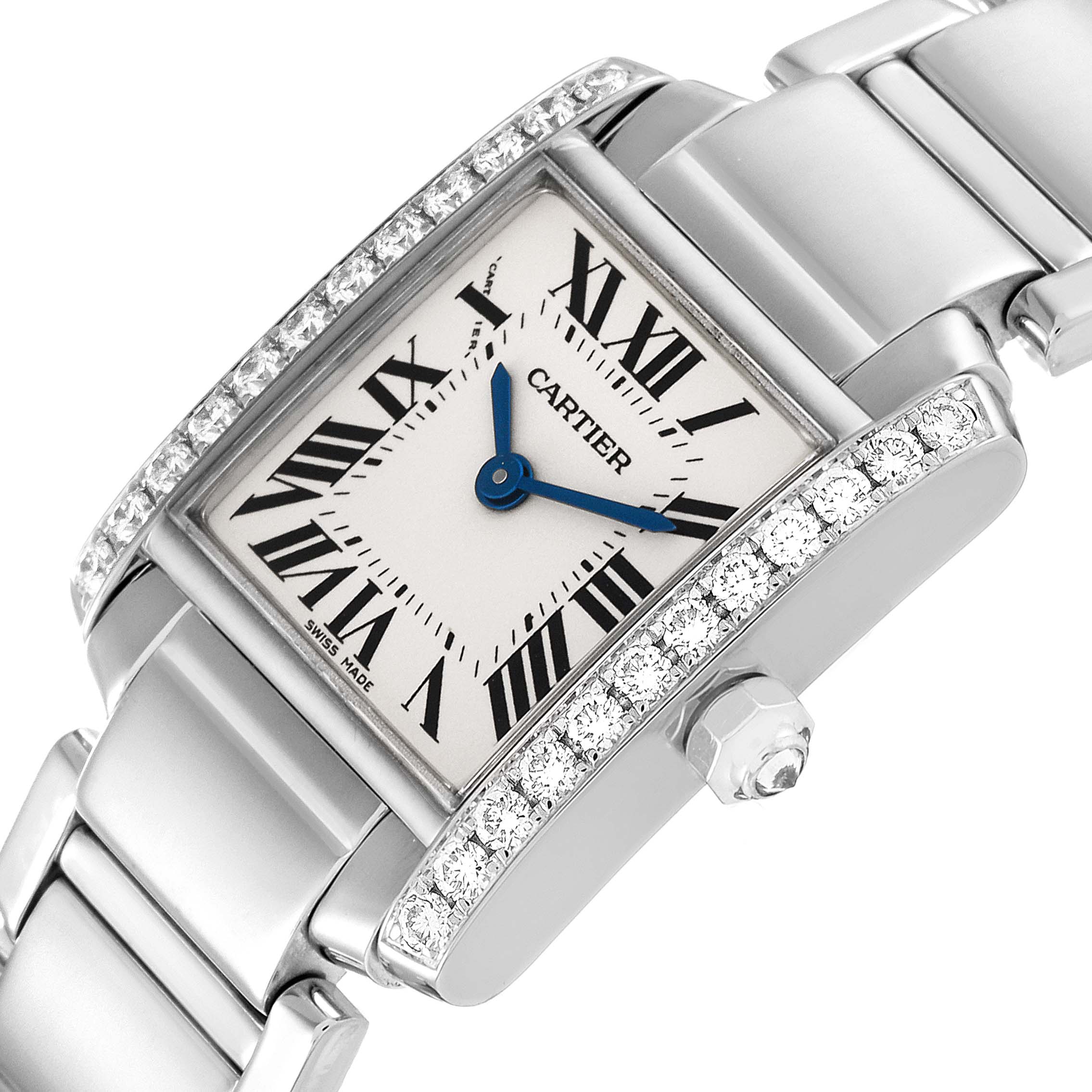 The image shows a Cartier Tank Francaise WE1002S3 Women's White Gold Silver Dial WE1002S3 Women's White Gold Silver Dial watch angled to display its face, crown, and part of the bracelet.