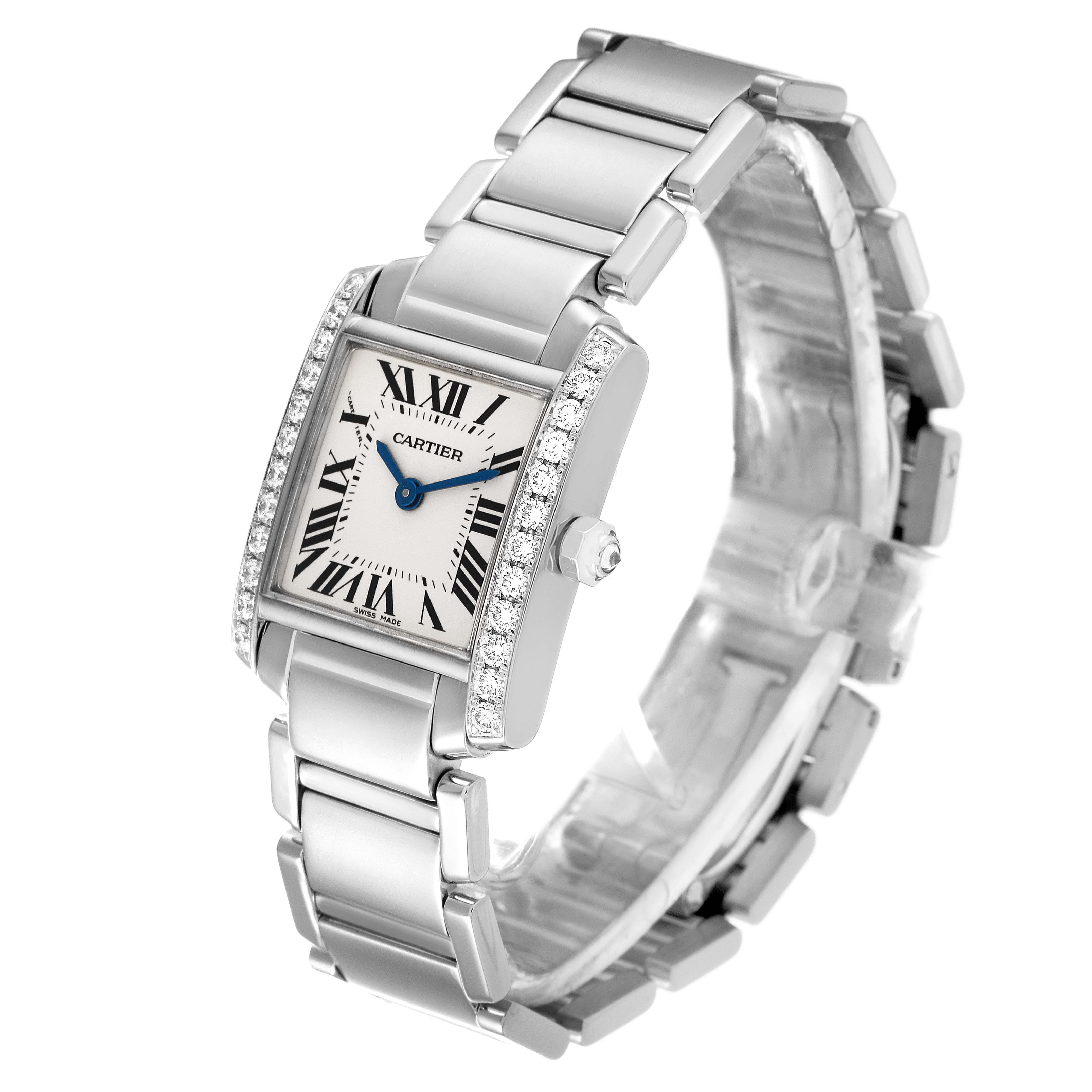 The image shows a Cartier Tank Francaise WE1002S3 Women's White Gold Silver Dial WE1002S3 Women's White Gold Silver Dial watch at a three-quarter angle, highlighting its bracelet, rectangular face, and diamond-set bezel.