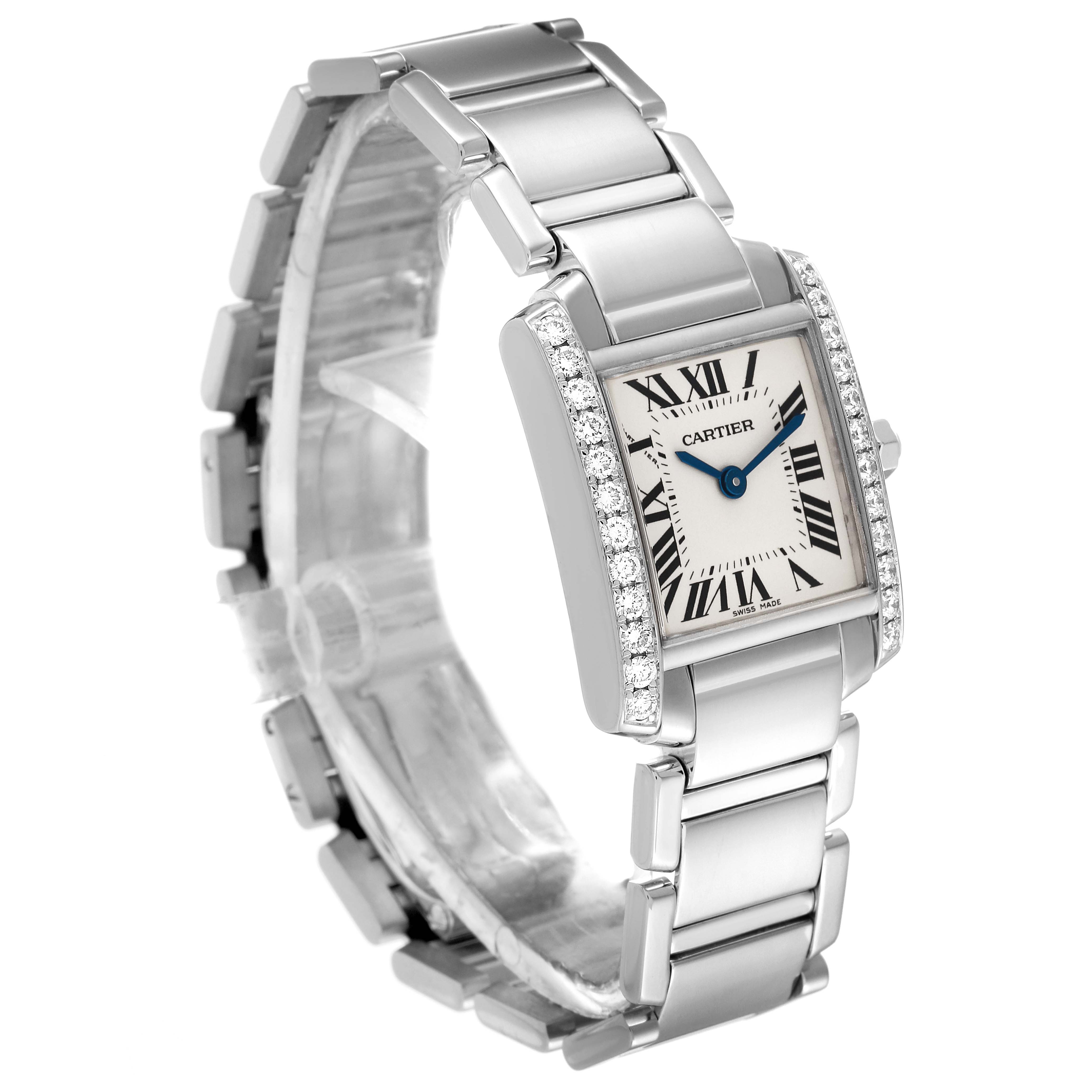 The Cartier Tank Francaise WE1002S3 Women's White Gold Silver Dial WE1002S3 Women's White Gold Silver Dial watch is shown at an angle highlighting the bracelet, rectangular face, and diamond-studded bezel.